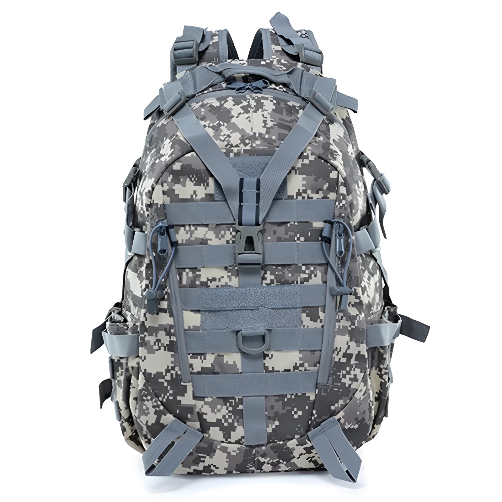 Olive drab tactical MOLLE backpack with high-capacity military rucksack design, featuring adjustable straps and multiple compartments, in a 30-40 liter size variant.