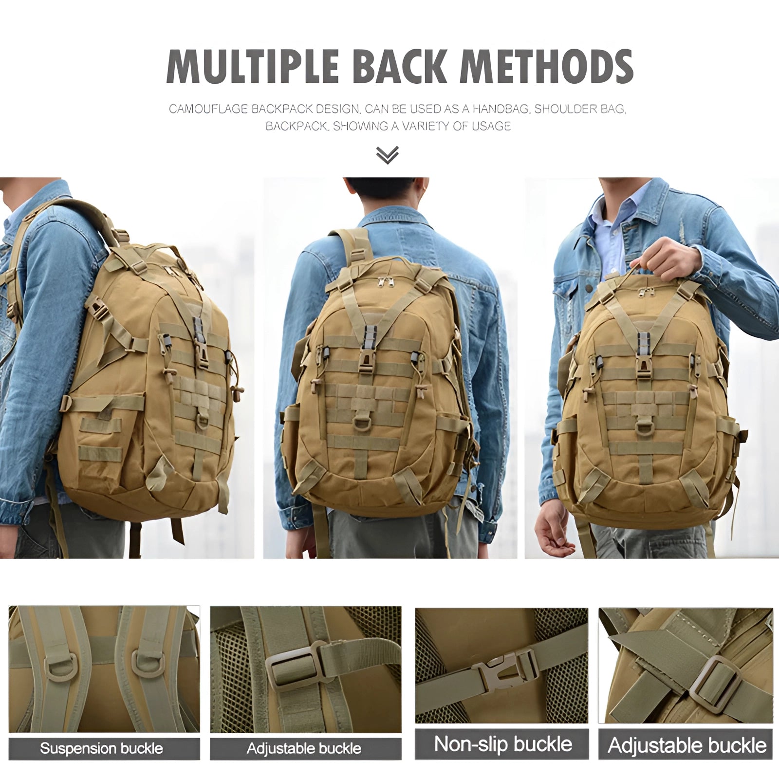 Olive drab tactical MOLLE backpack with high-capacity design, featuring military-style camouflage and multiple compartments, ideal for outdoor and tactical use.