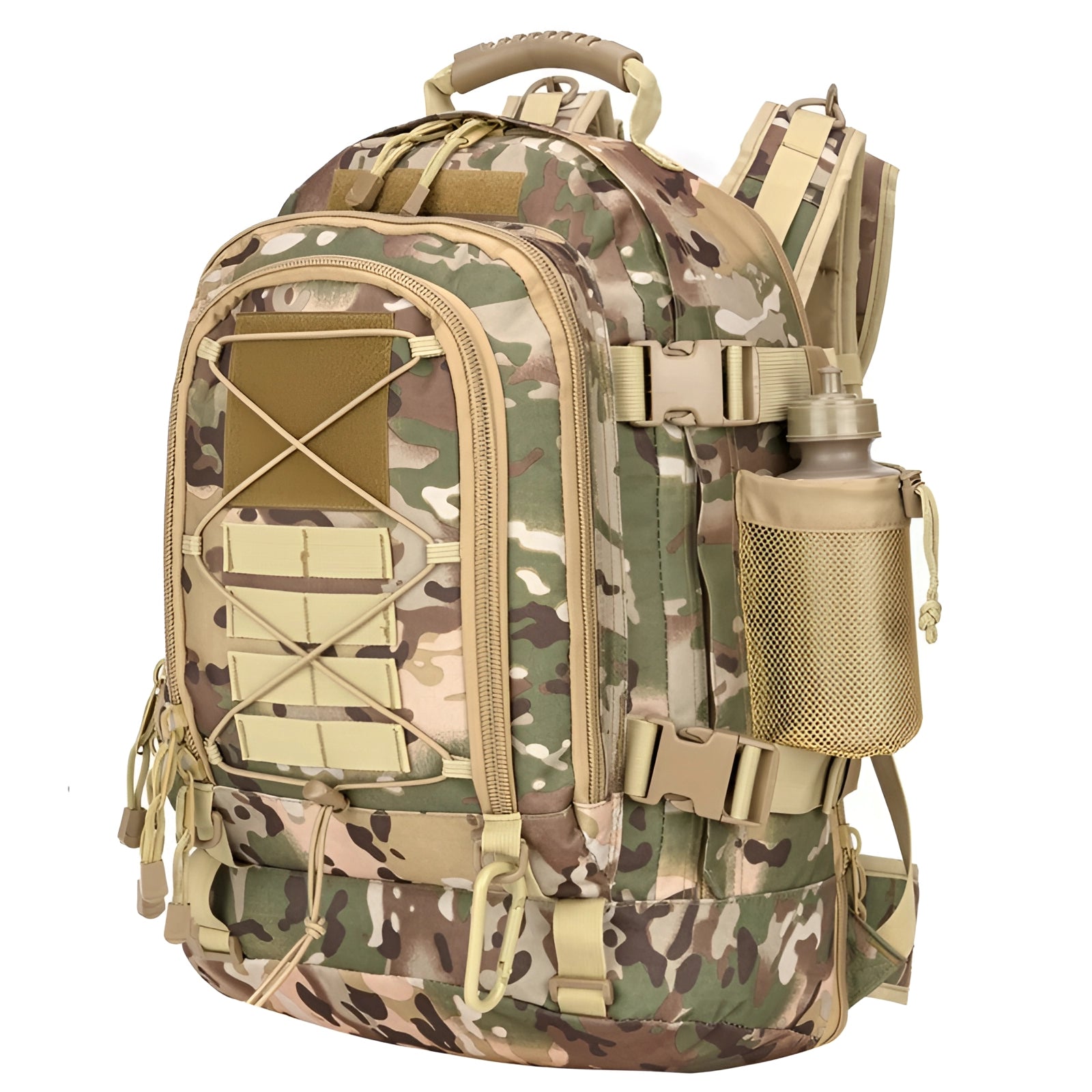 Green camo tactical MOLLE military backpack, hydration compatible, durable design, suitable for outdoor sports and military use.