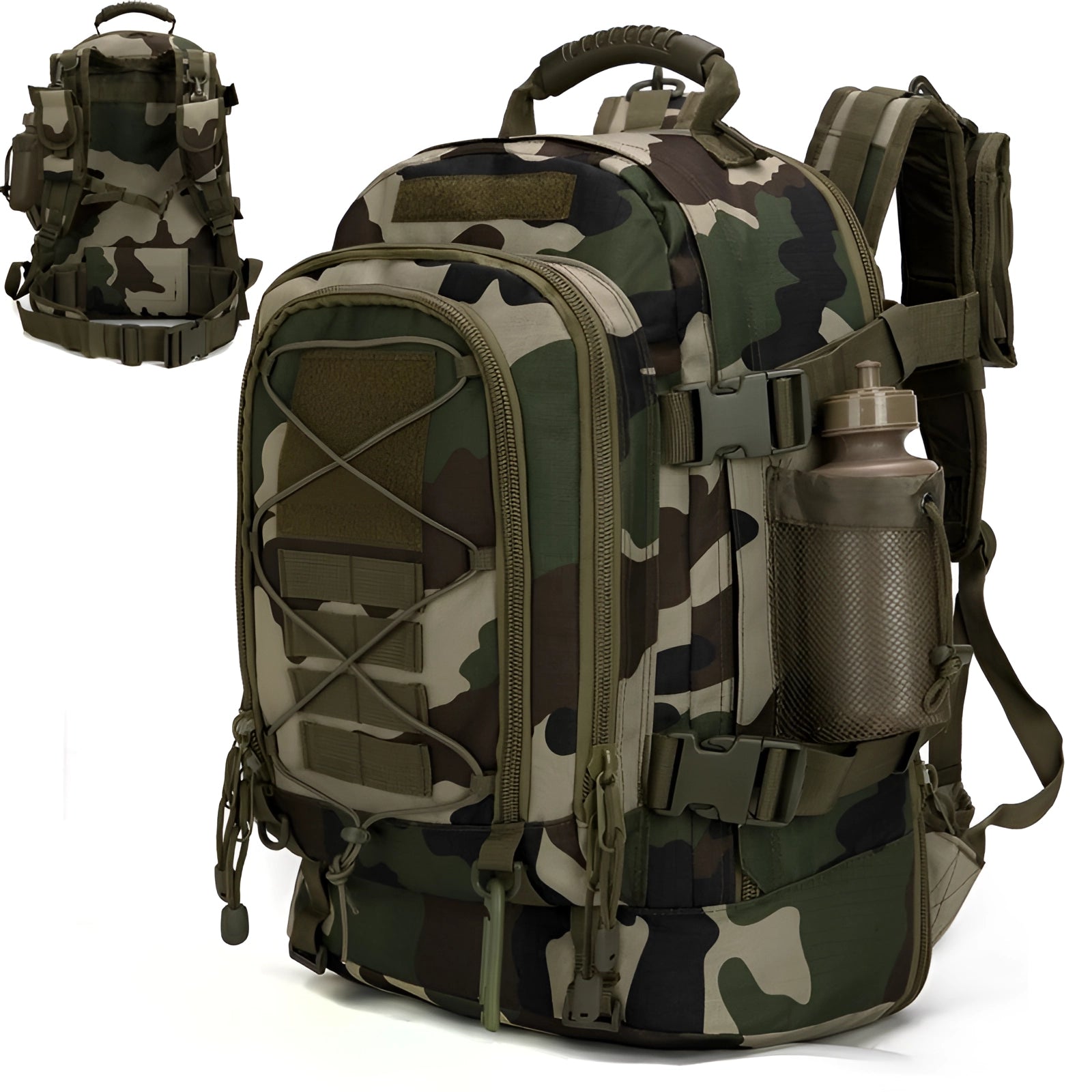 Army green camouflage tactical MOLLE military backpack, durable and hydration compatible.