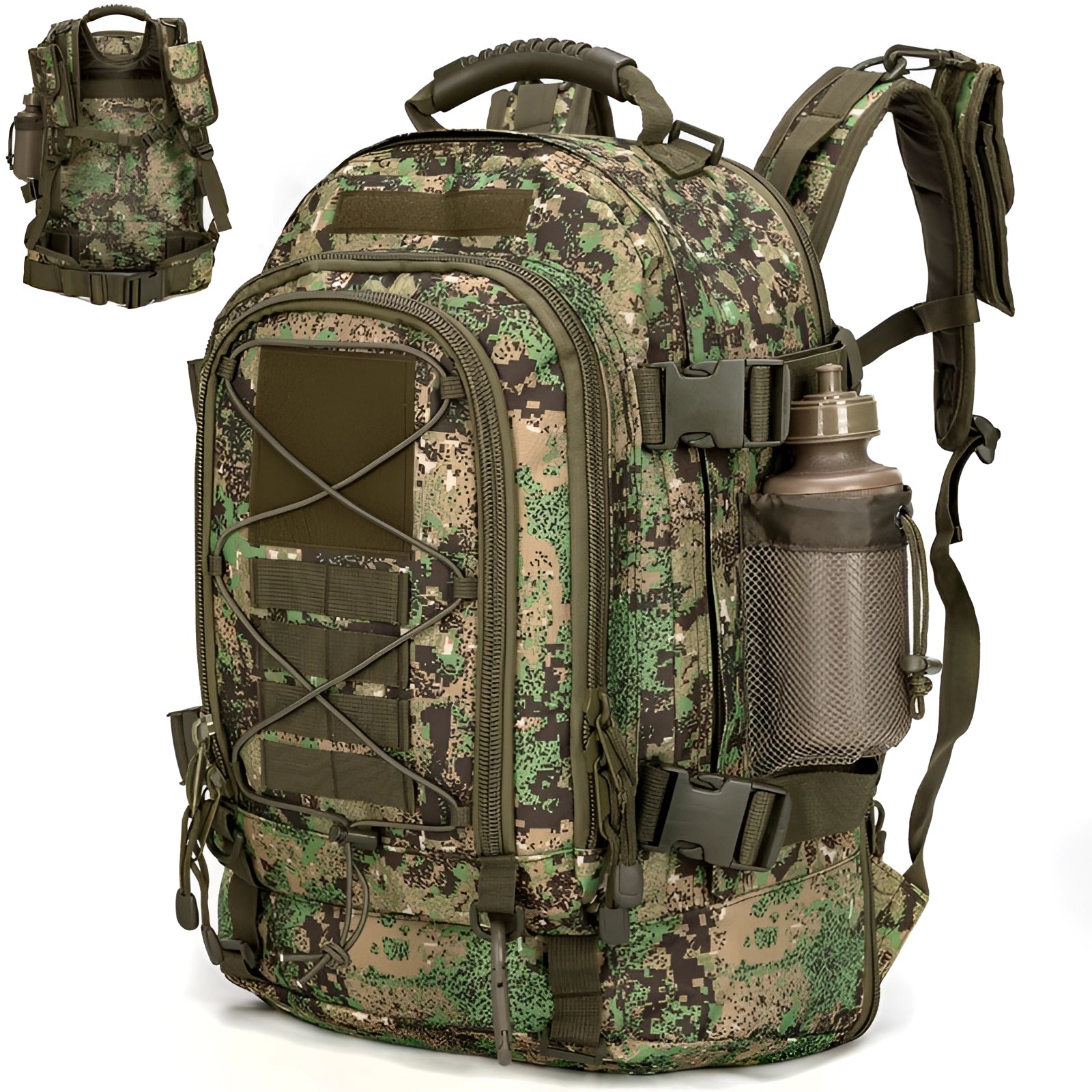 Tactical MOLLE Military Backpack in Green Digital camo, durable and hydration compatible, designed for rugged outdoor use.