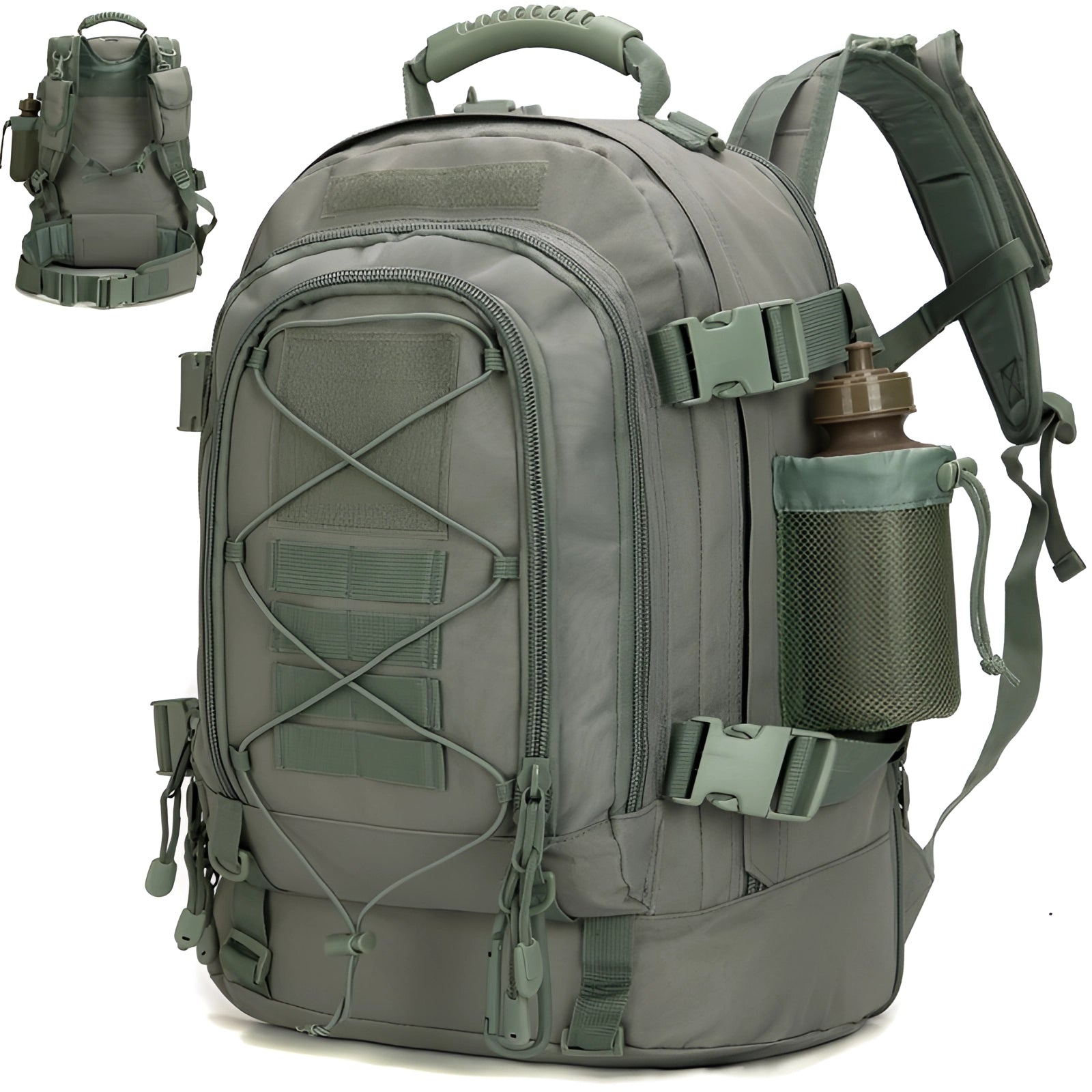 Light green grey Tactical MOLLE military backpack, durable and hydration compatible, shown from the front.