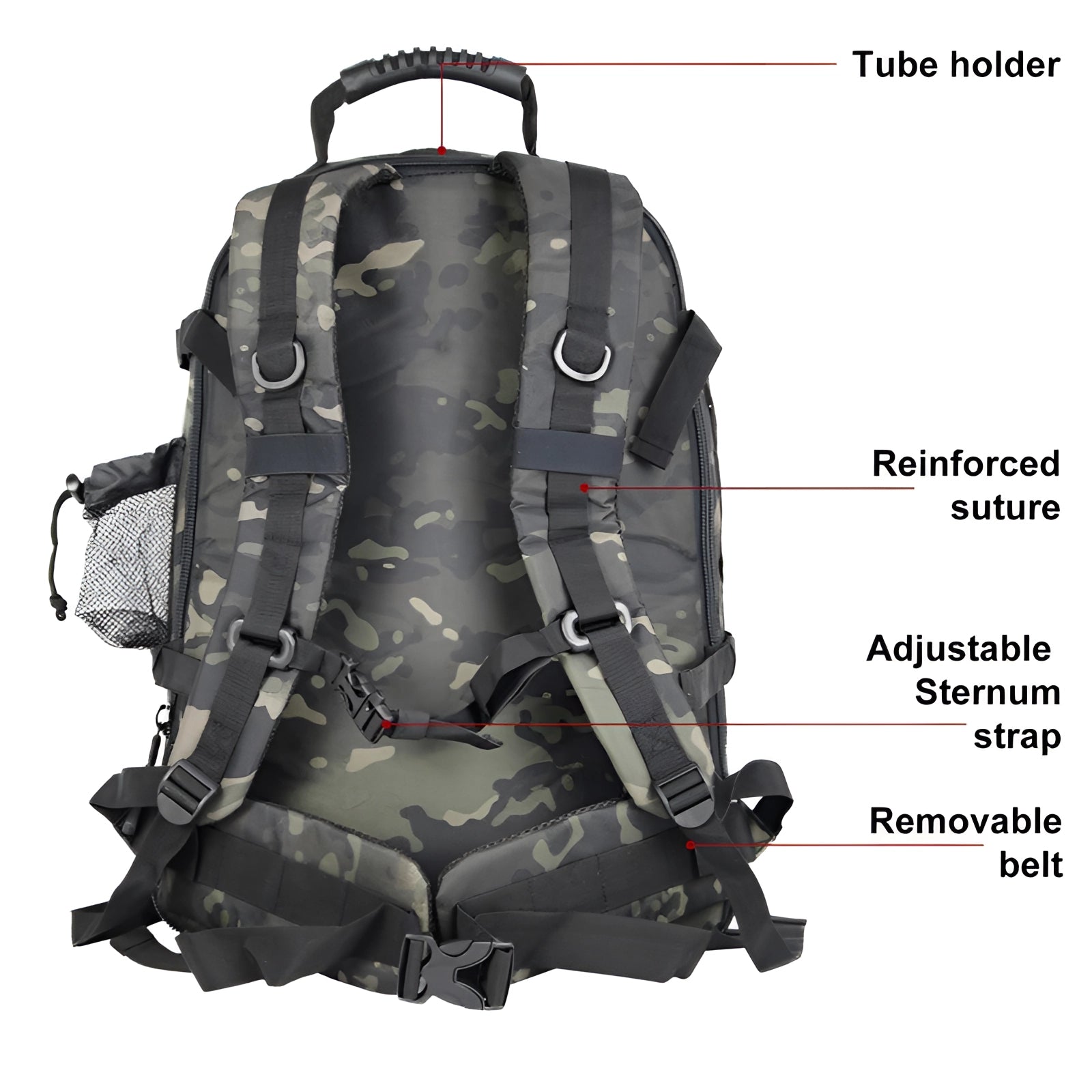 Black Tactical MOLLE Military Backpack, durable and hydration compatible, with multiple compartments and straps, suitable for outdoor sports and tactical use.