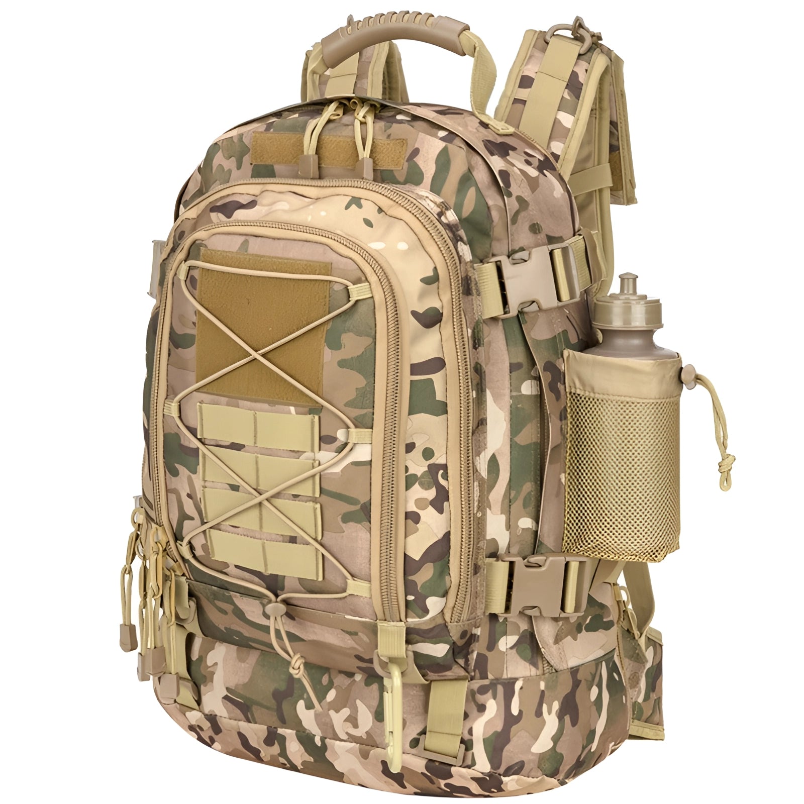 Brown camo tactical MOLLE military backpack, durable and hydration compatible with camouflage pattern.