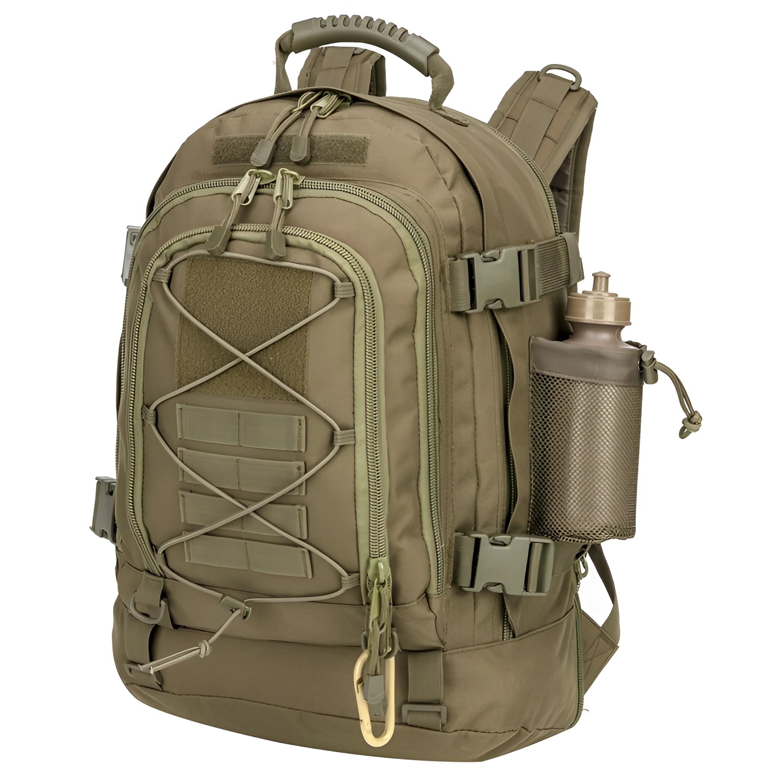 Army green tactical MOLLE military backpack, hydration compatible, durable design.