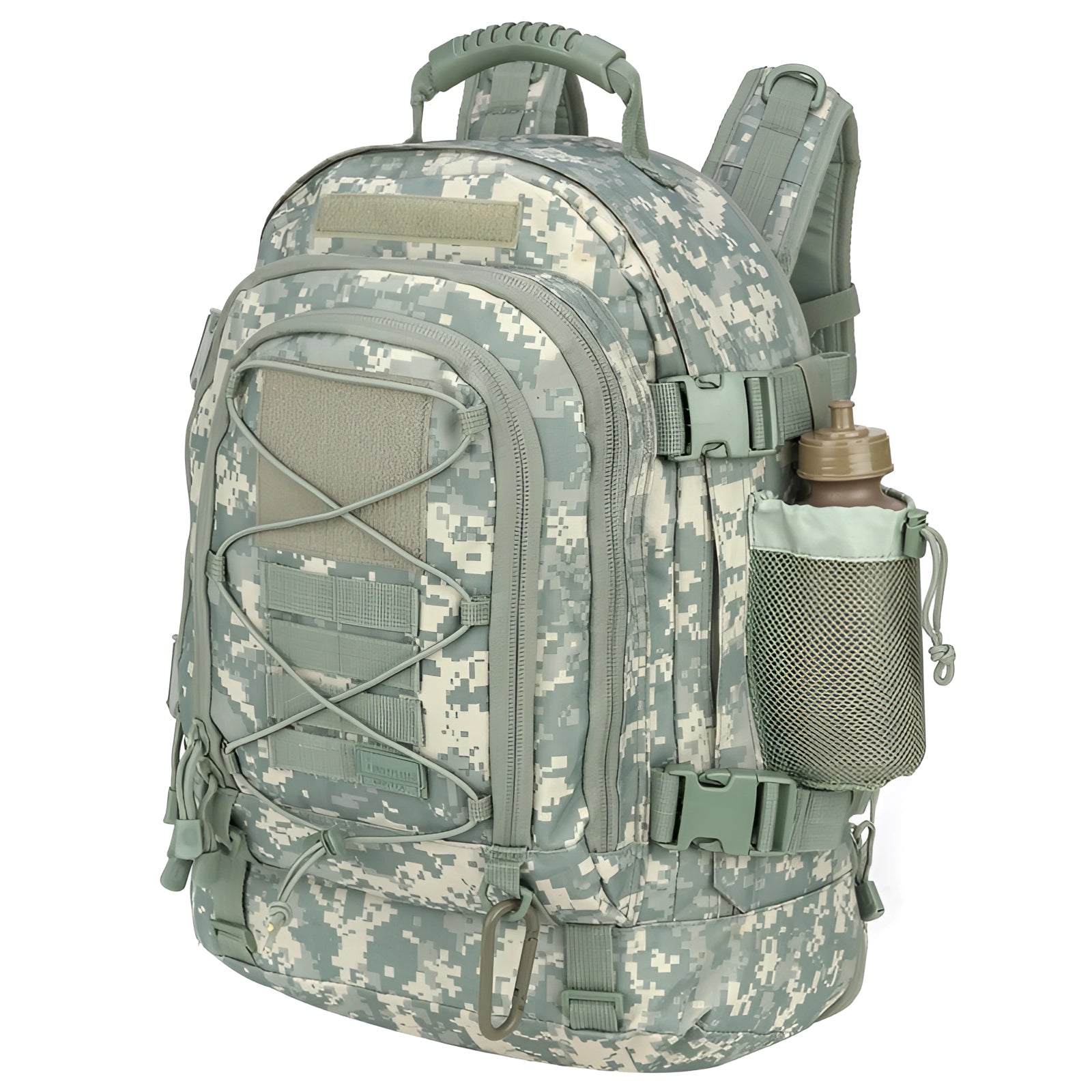 Light green camo tactical MOLLE military backpack, durable and hydration compatible, with multiple compartments and MOLLE webbing.