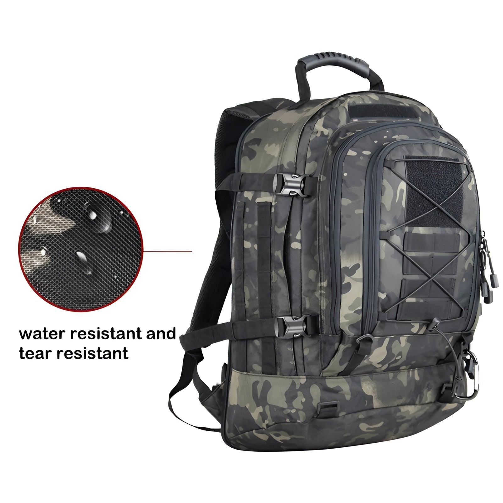 Black Tactical MOLLE Military Backpack, Durable and Hydration Compatible, showcasing multiple compartments and sturdy straps.