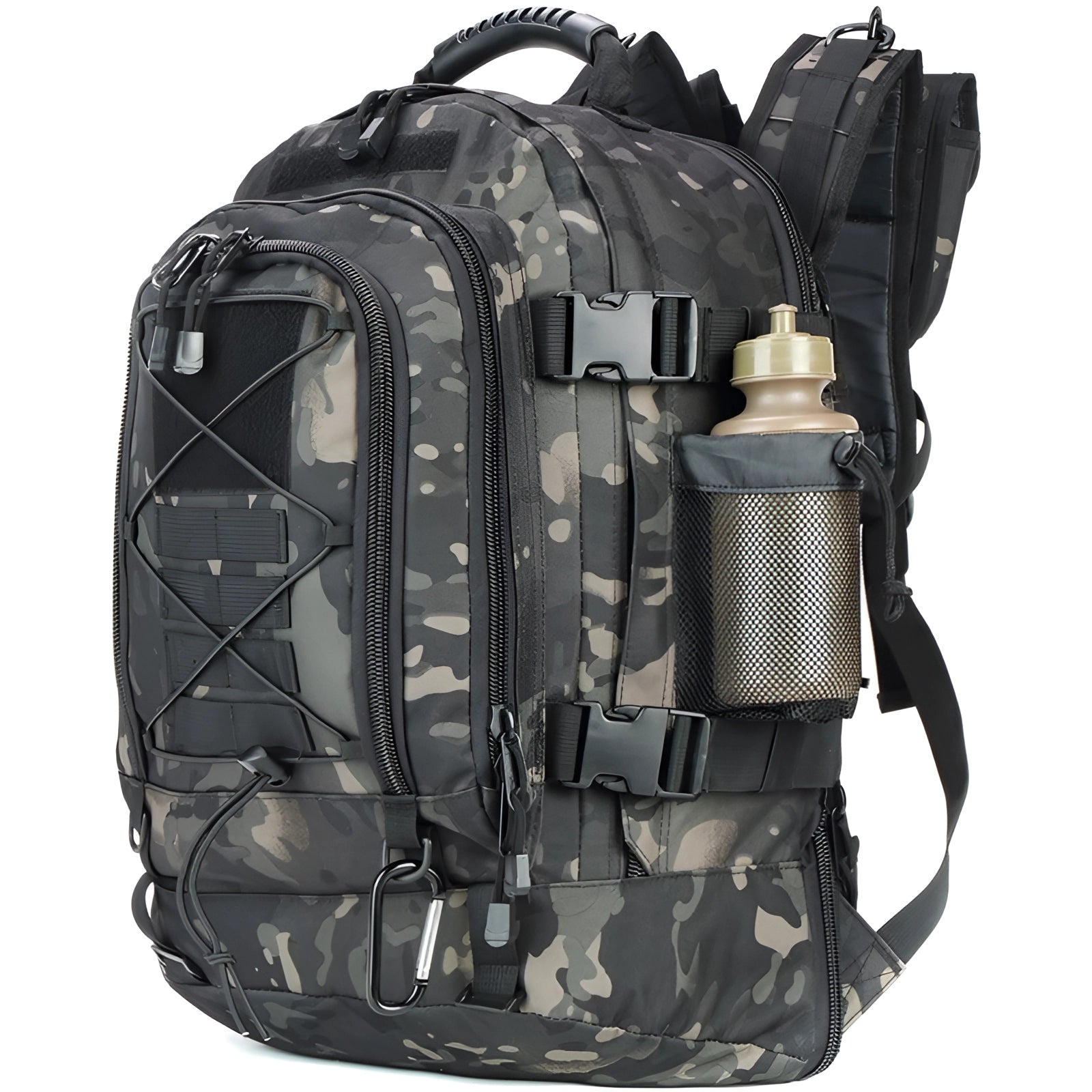 Black camo tactical MOLLE military backpack, durable and hydration compatible, displayed against a plain background.