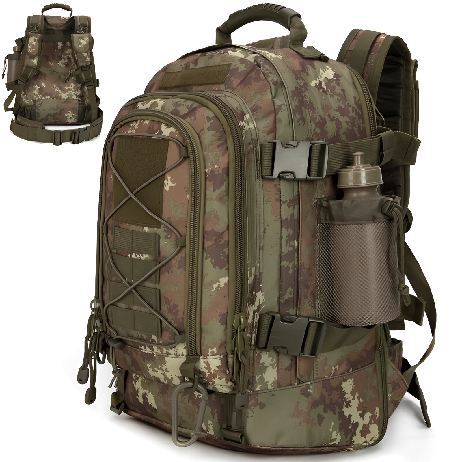 Tactical MOLLE military backpack in Italy camo pattern, durable material, hydration compatible, with multiple compartments and straps for gear attachment.