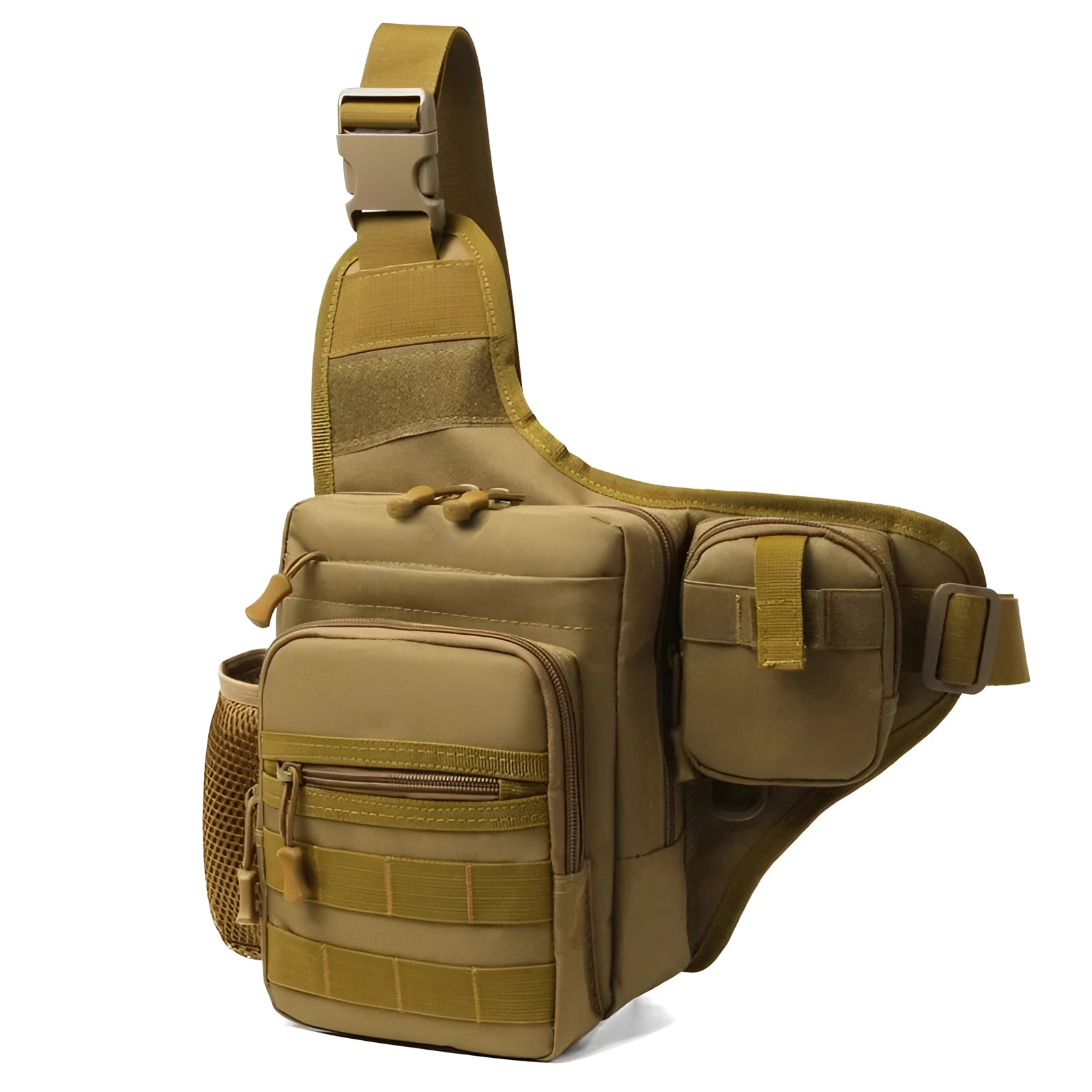 Khaki tactical sling bag with a military Molle design, featuring adjustable straps, water-resistant material, and multiple compartments, suitable for outdoor travel and adventure.