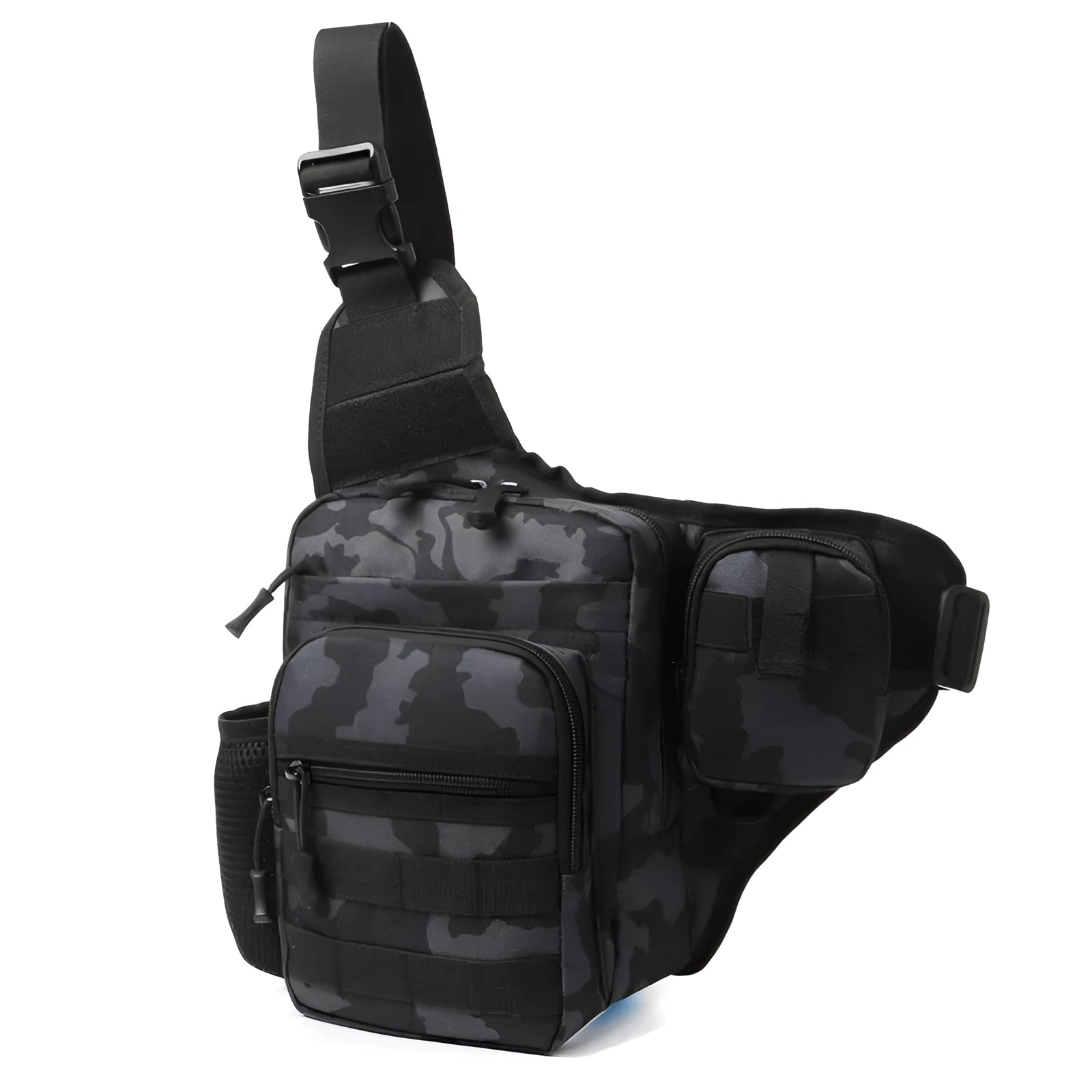 A black camo tactical sling bag featuring a military Molle design, water-resistant material, and an adjustable strap, ideal for outdoor travel and carrying personal belongings.