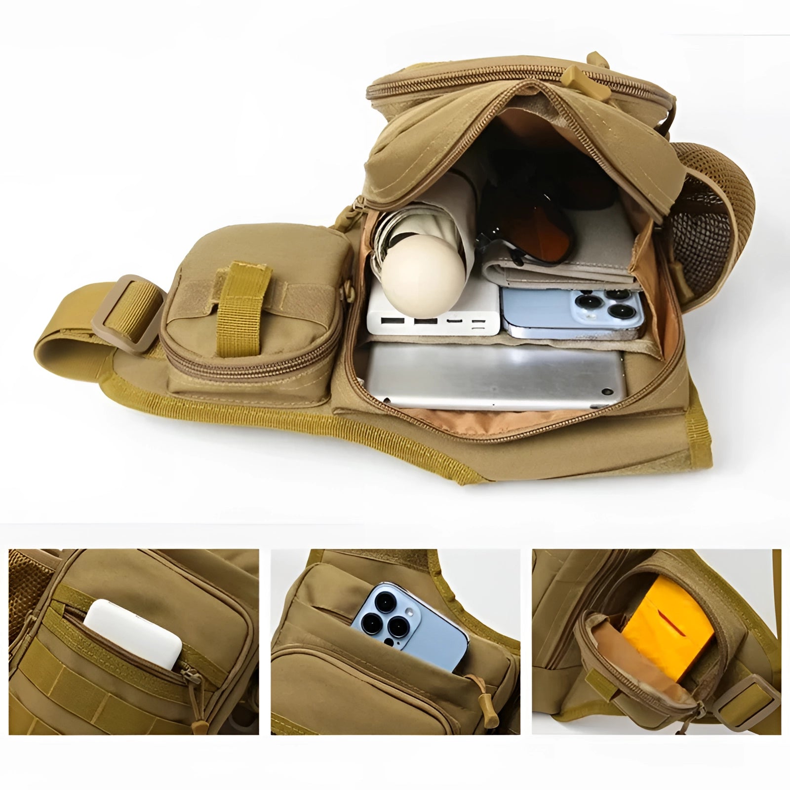 Brown tactical sling bag with a military MOLLE design, featuring a water-resistant material. The bag is rectangular in shape, suitable for outdoor travel, and equipped with a shoulder strap for easy carrying. The color is a blend of brown, beige, and khaki tones.