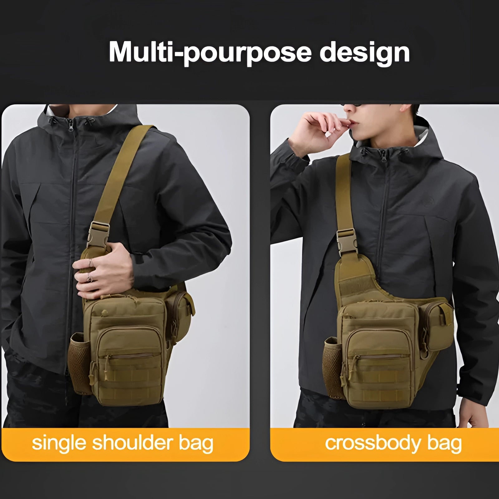 Tactical sling bag featuring a military MOLLE design, made from water-resistant material, ideal for outdoor travel.