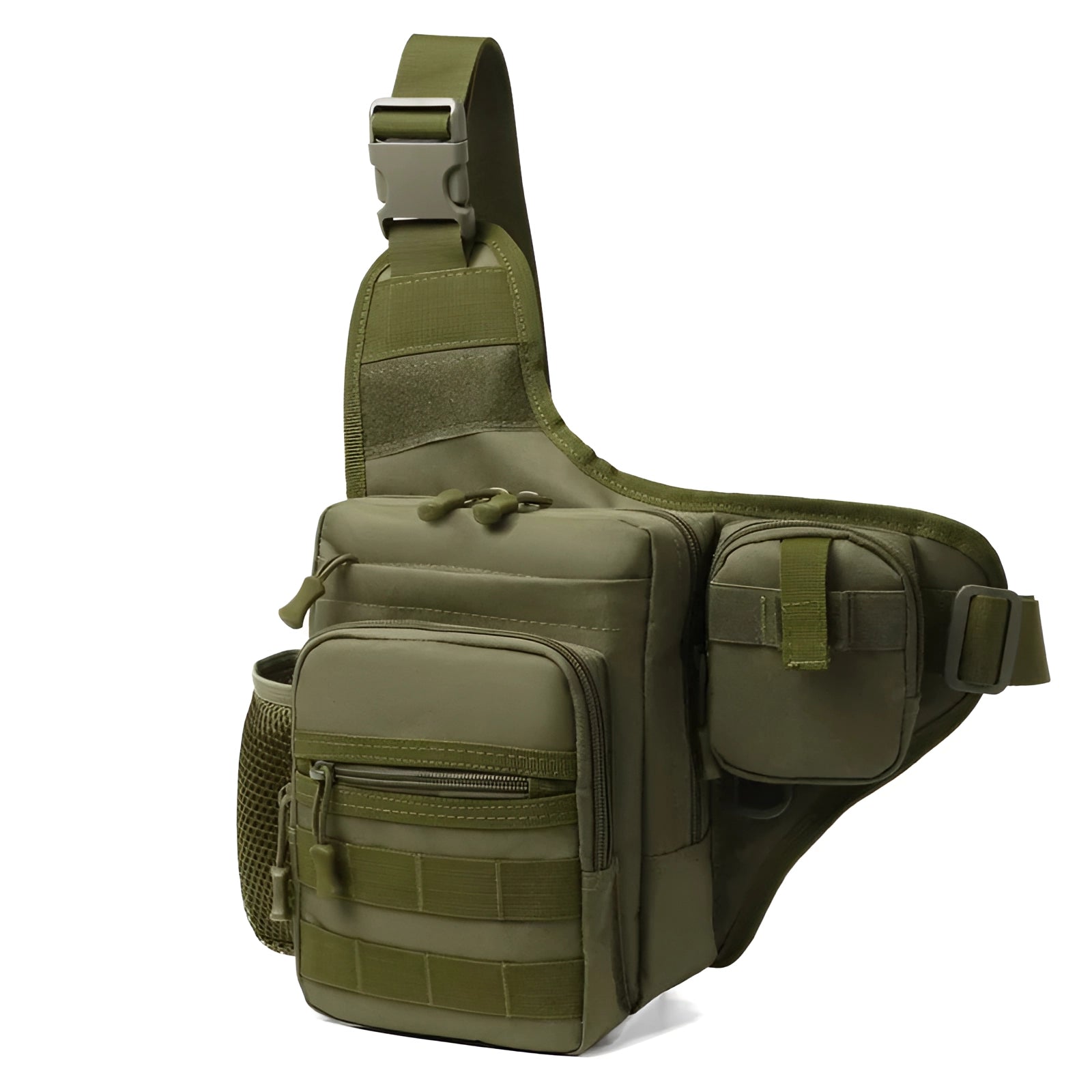 Tactical sling bag in army green with a military Molle design, featuring adjustable straps and metal buckle accents, suitable for outdoor travel and water-resistant protection.