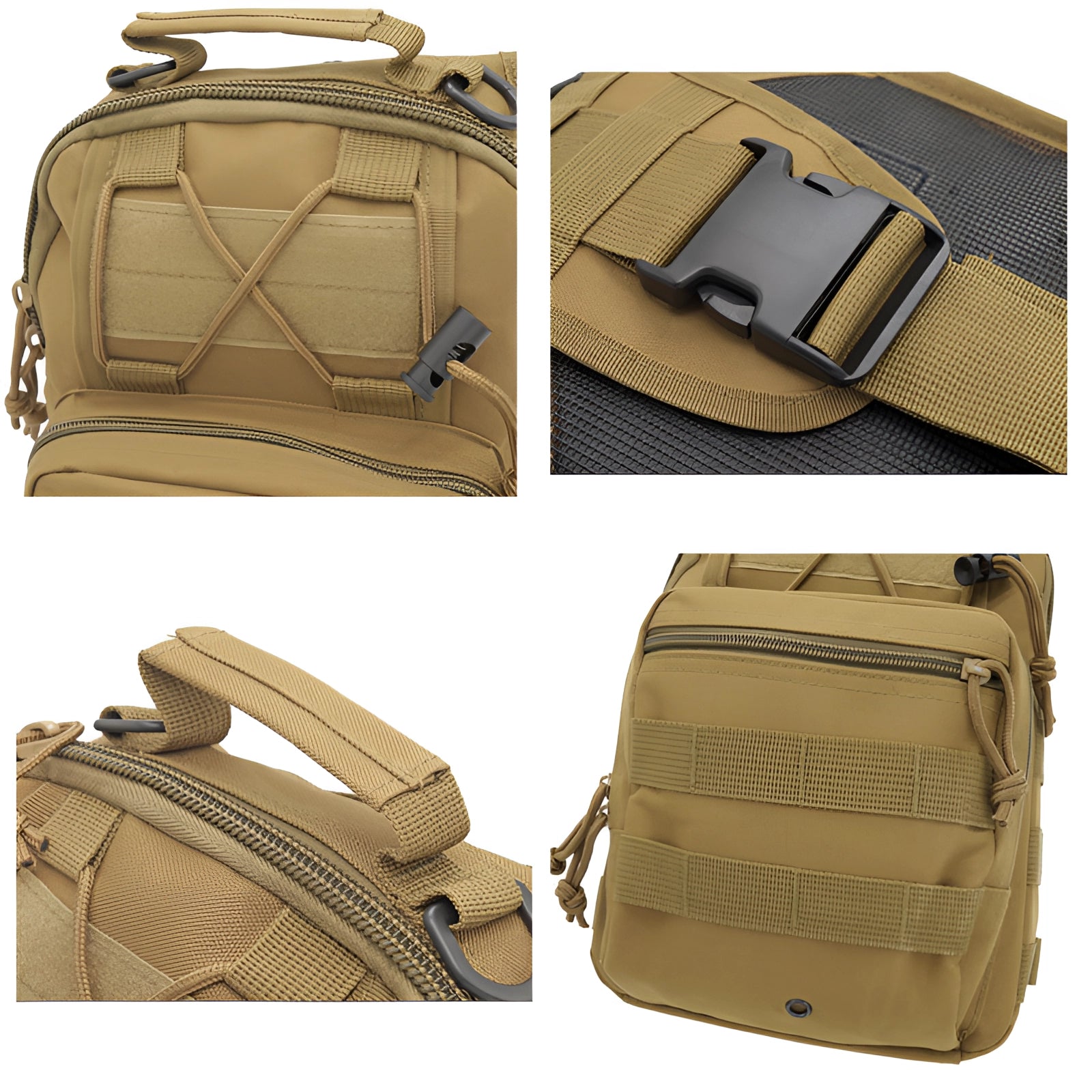 Compact khaki tactical sling bag with MOLLE military design, featuring multiple compartments and a crossbody strap.