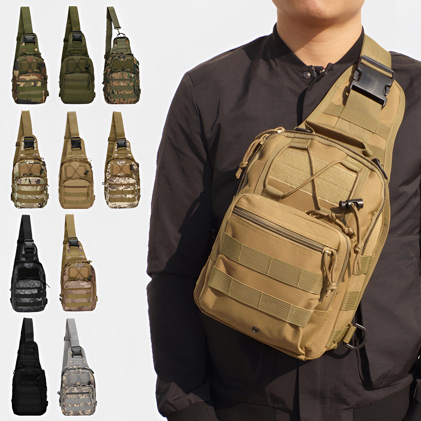 Compact khaki tactical sling bag with MOLLE webbing, designed as a military shoulder backpack, displayed against a white background.