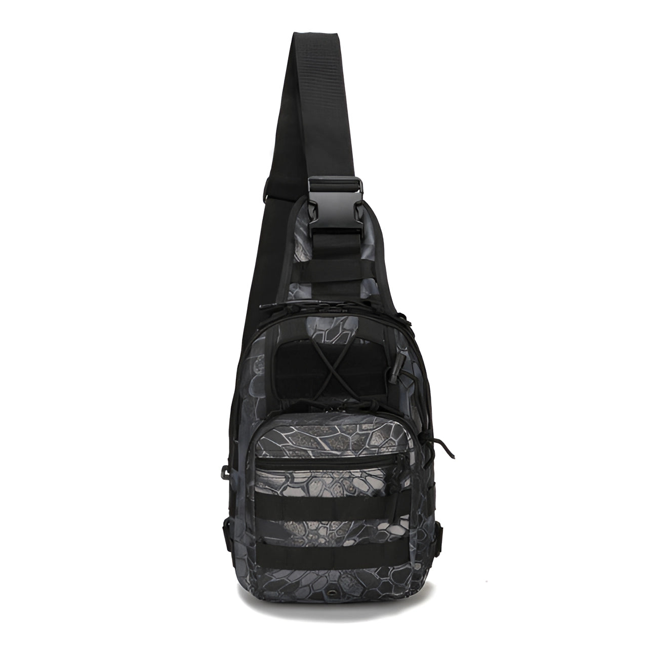 Compact khaki tactical sling bag with MOLLE webbing, featuring multiple compartments and adjustable shoulder strap, displayed on a plain background.