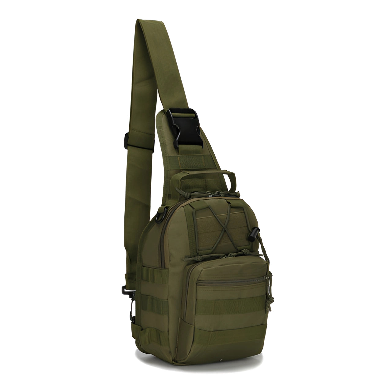 Compact green tactical sling bag with MOLLE system, featuring military camouflage design, worn as a crossbody shoulder backpack.