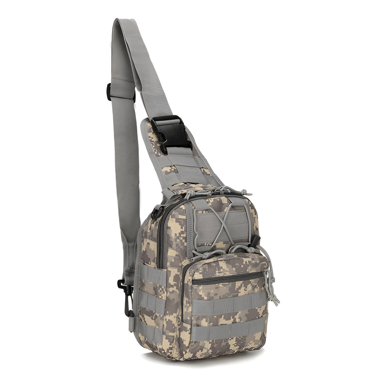 Acu camouflage tactical sling bag with MOLLE military design, featuring a compact crossbody style in khaki, adjustable shoulder strap, and multiple compartments.