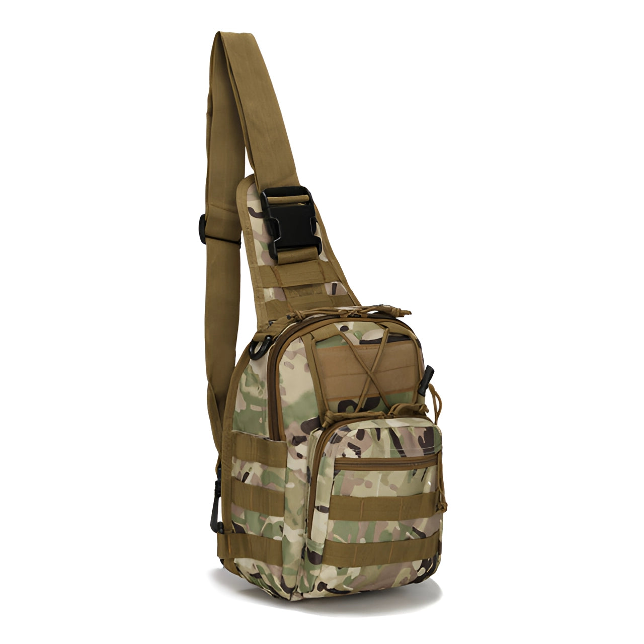 Compact khaki tactical sling bag with MOLLE system, featuring a military camouflage pattern and adjustable shoulder strap.