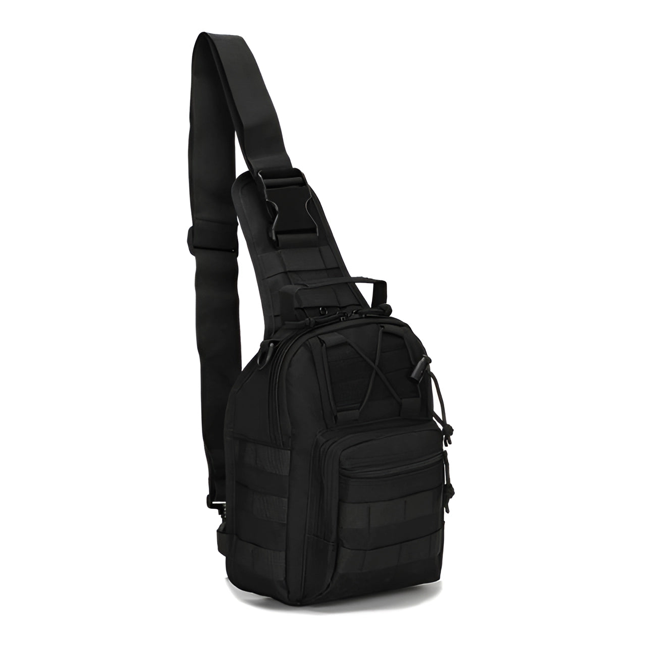 Black tactical sling bag with MOLLE system, featuring a compact design and adjustable shoulder strap.