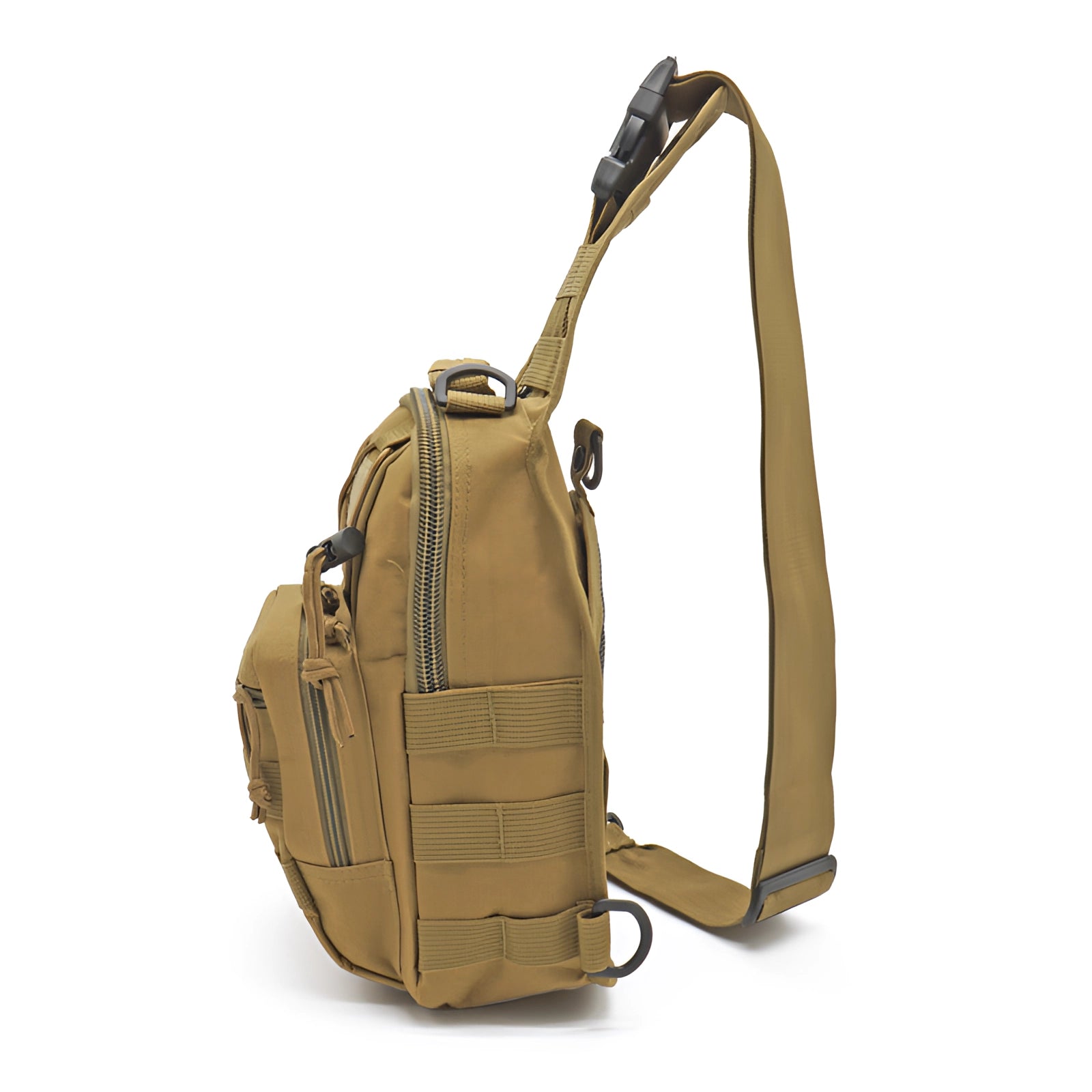 Compact khaki tactical sling bag with MOLLE system, featuring a shoulder strap and multiple compartments, suitable for military or outdoor use.