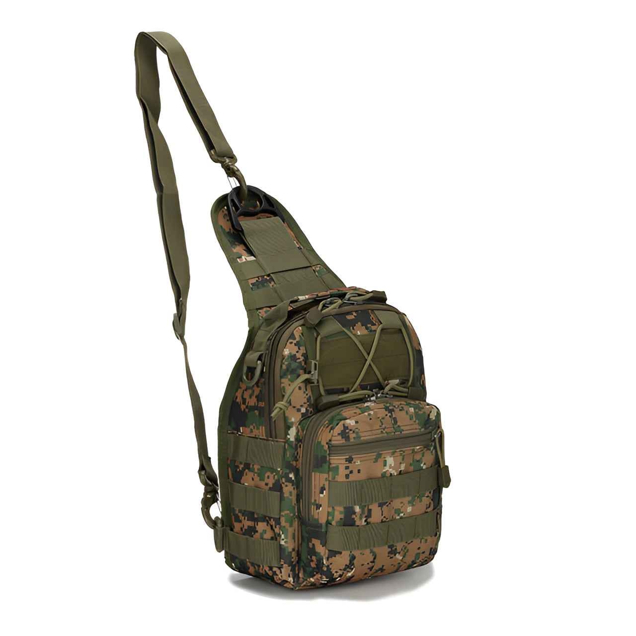 Compact khaki tactical sling bag with MOLLE system, military style shoulder backpack featuring camouflage pattern.