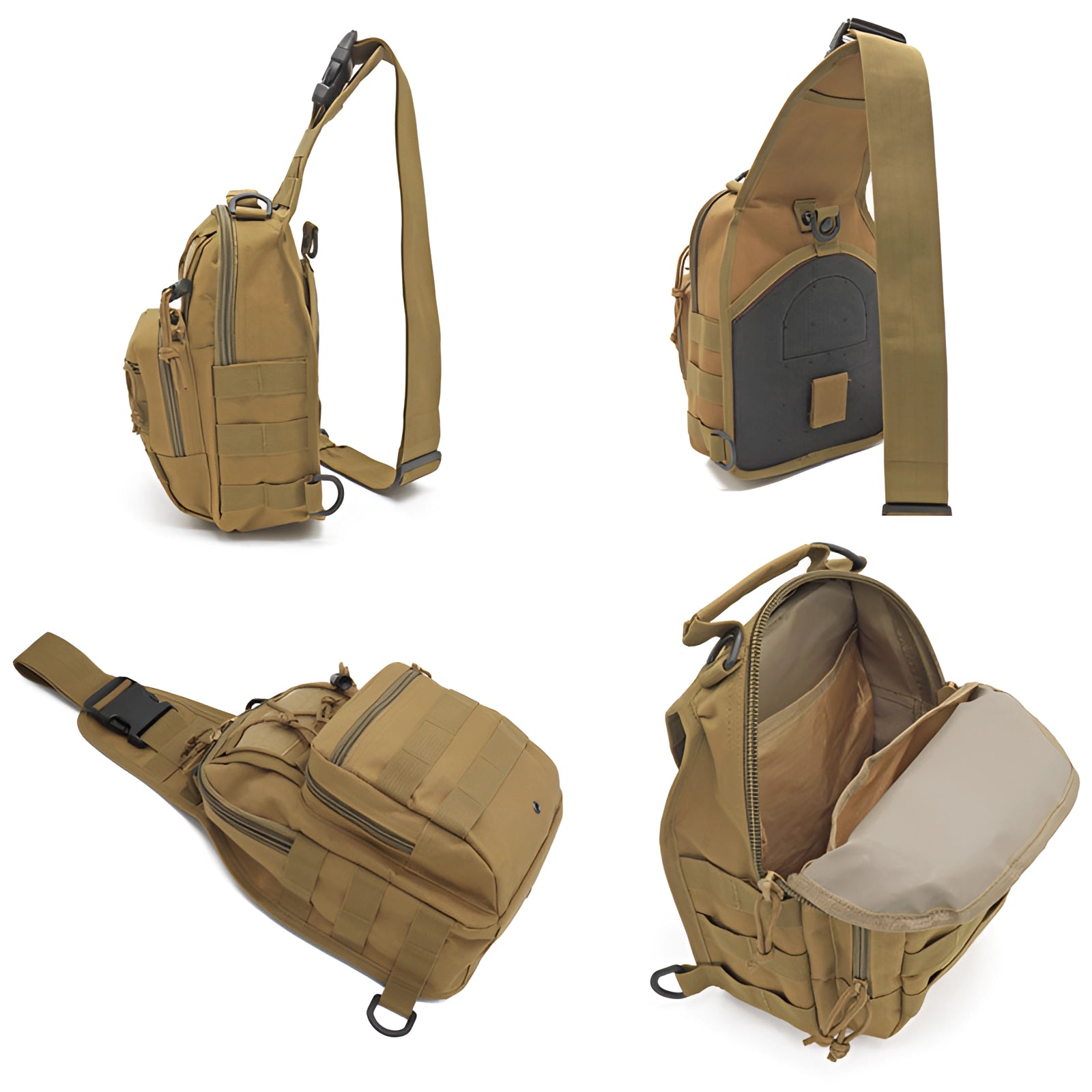 Compact khaki tactical sling bag with MOLLE system, designed as a military-style shoulder backpack suitable for crossbody wear.