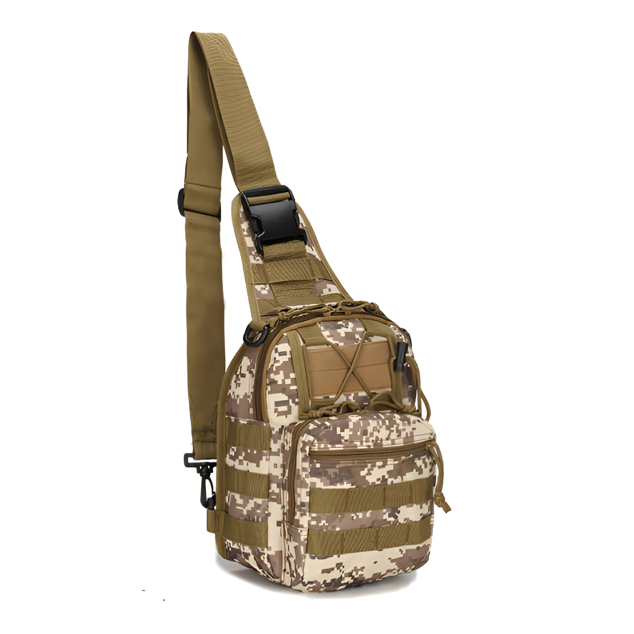 Compact khaki tactical sling bag with MOLLE system, shown with adjustable shoulder strap and multiple compartments, ideal for travel and outdoor activities.