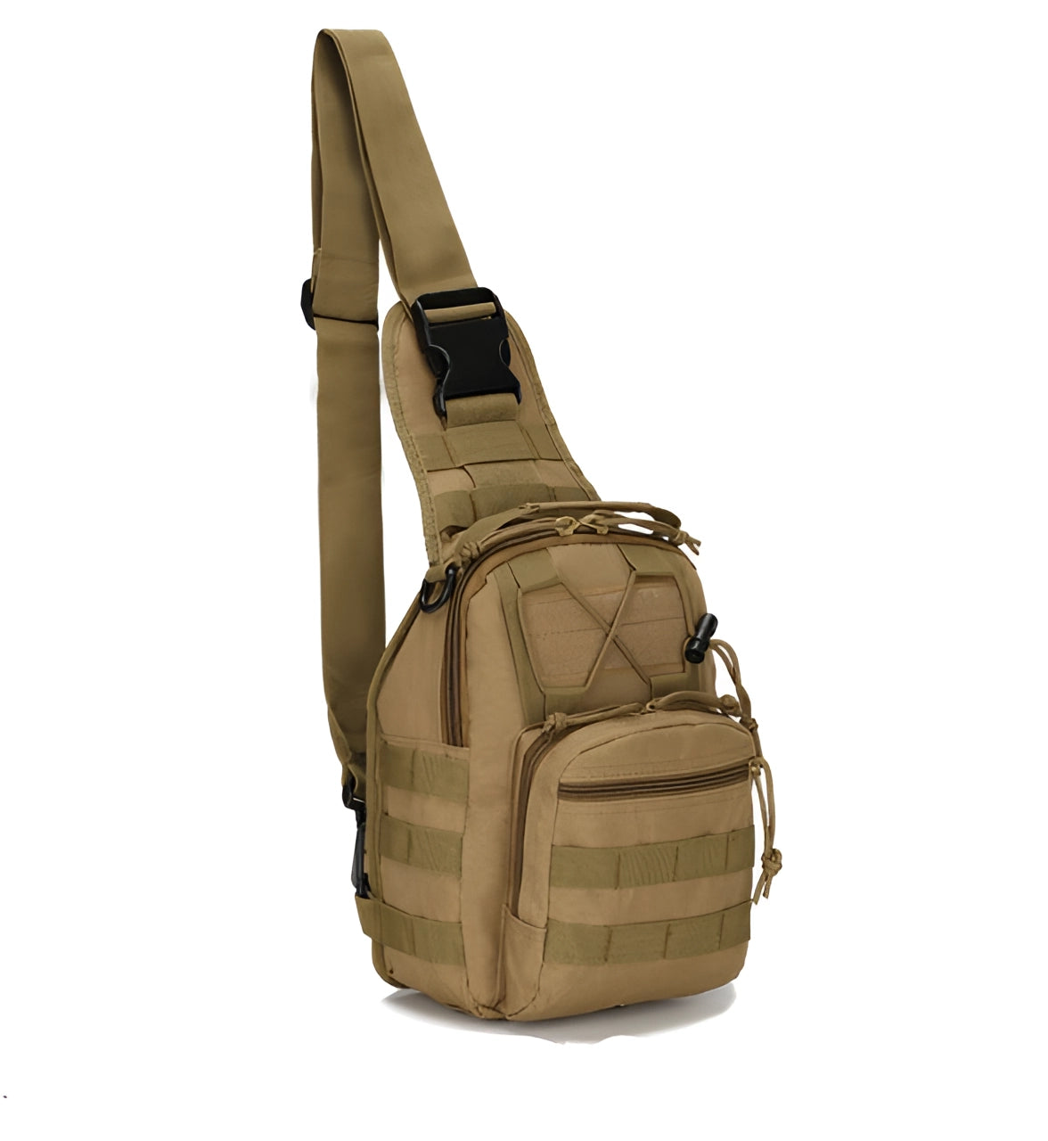 Khaki tactical sling bag with MOLLE system, military-style shoulder backpack featuring multiple compartments and adjustable strap, displayed on a wooden surface.