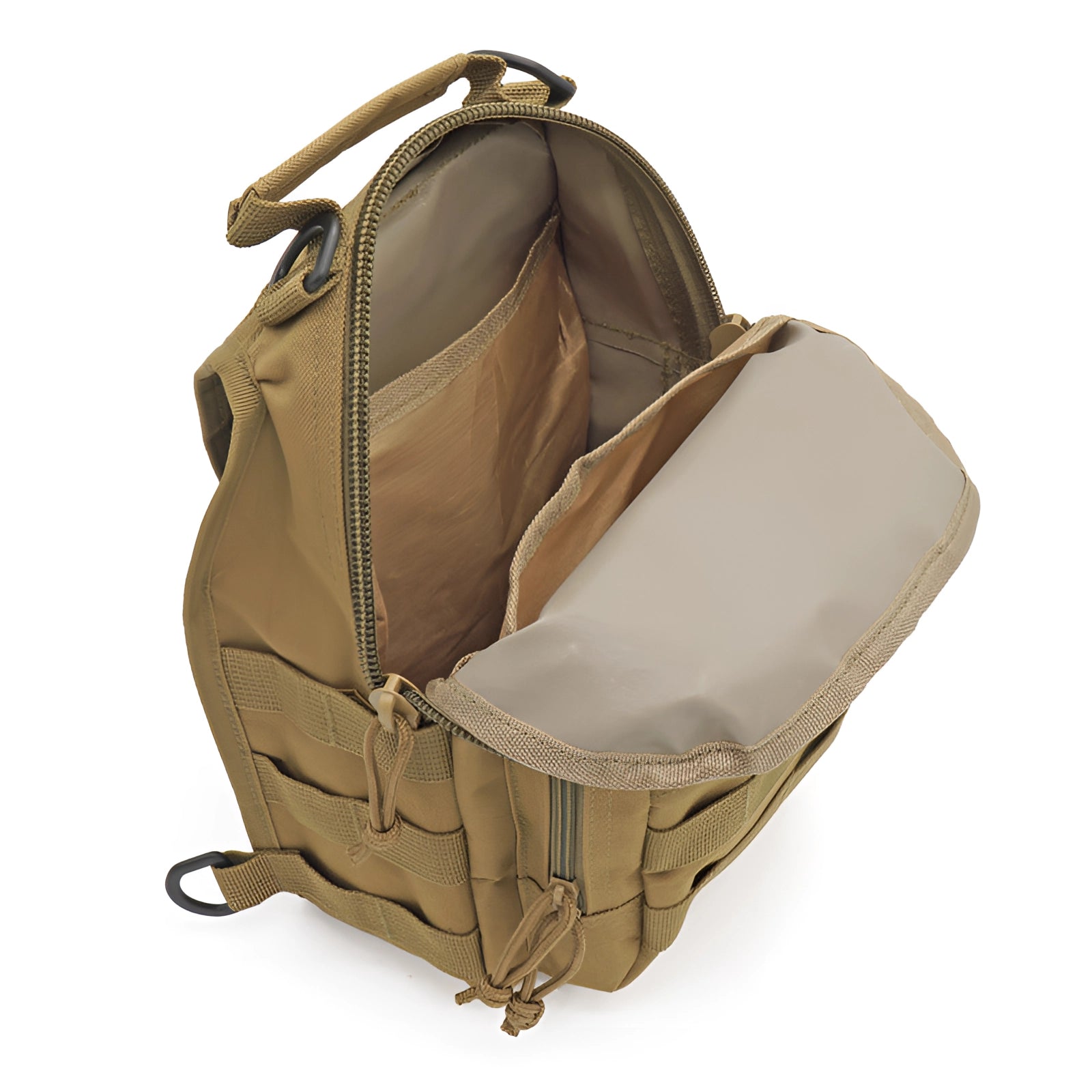 Compact khaki tactical sling bag with MOLLE webbing, displayed as a shoulder backpack, made from durable natural material.