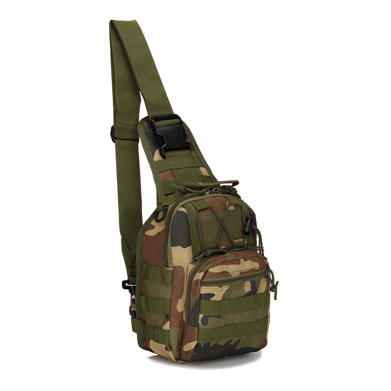 Compact khaki tactical sling bag with MOLLE military design, shown worn crossbody by a person in military uniform.