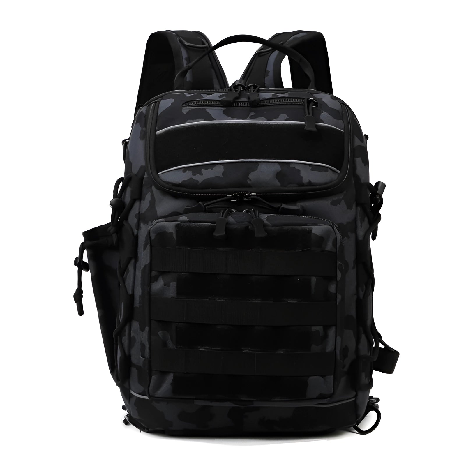 Black camo tactical waterproof fishing backpack with rod holder, featuring anti-theft zipper, designed for travel and outdoor adventures.