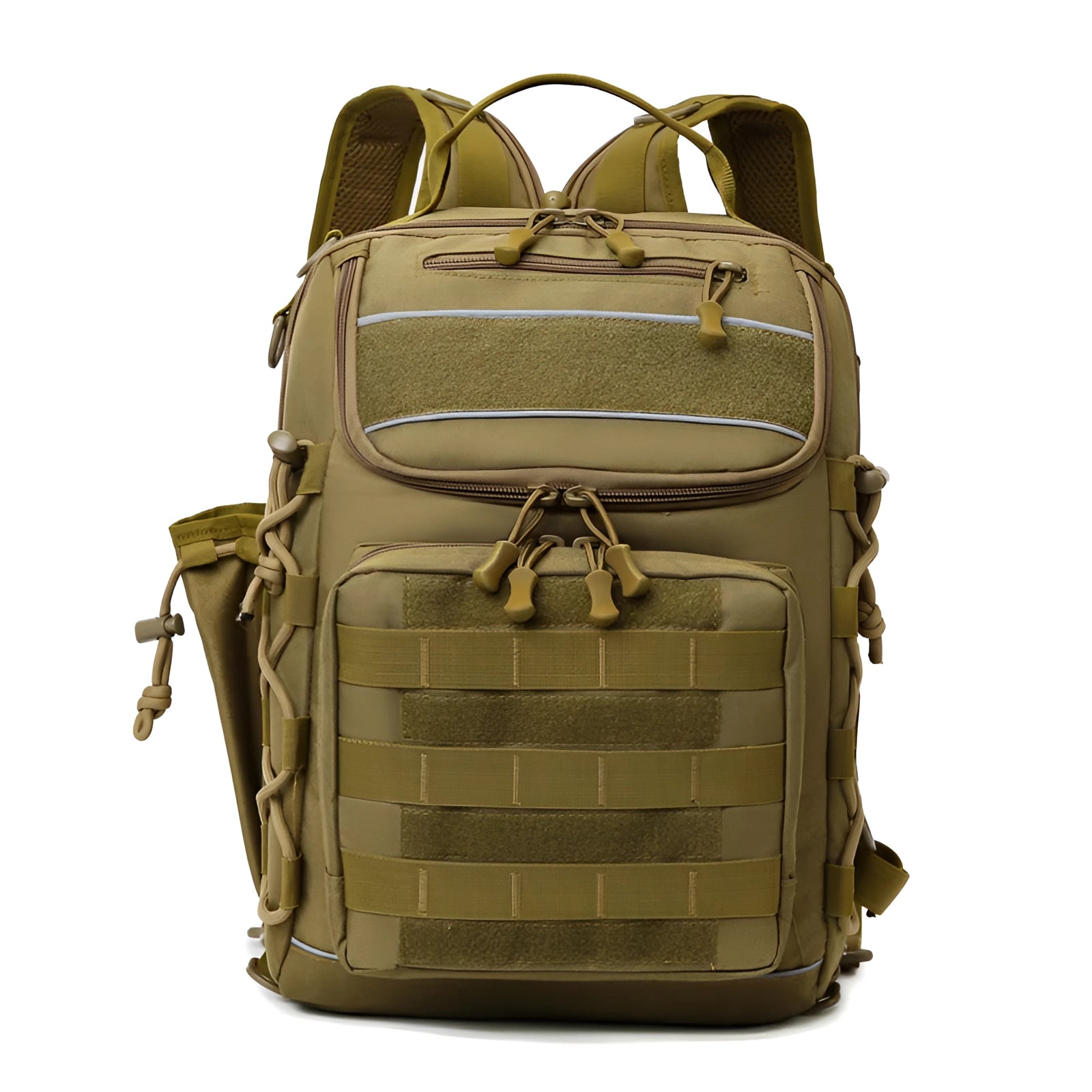 Tactical waterproof fishing backpack in khaki color featuring a rectangular shape, equipped with a rod holder and anti-theft zipper.