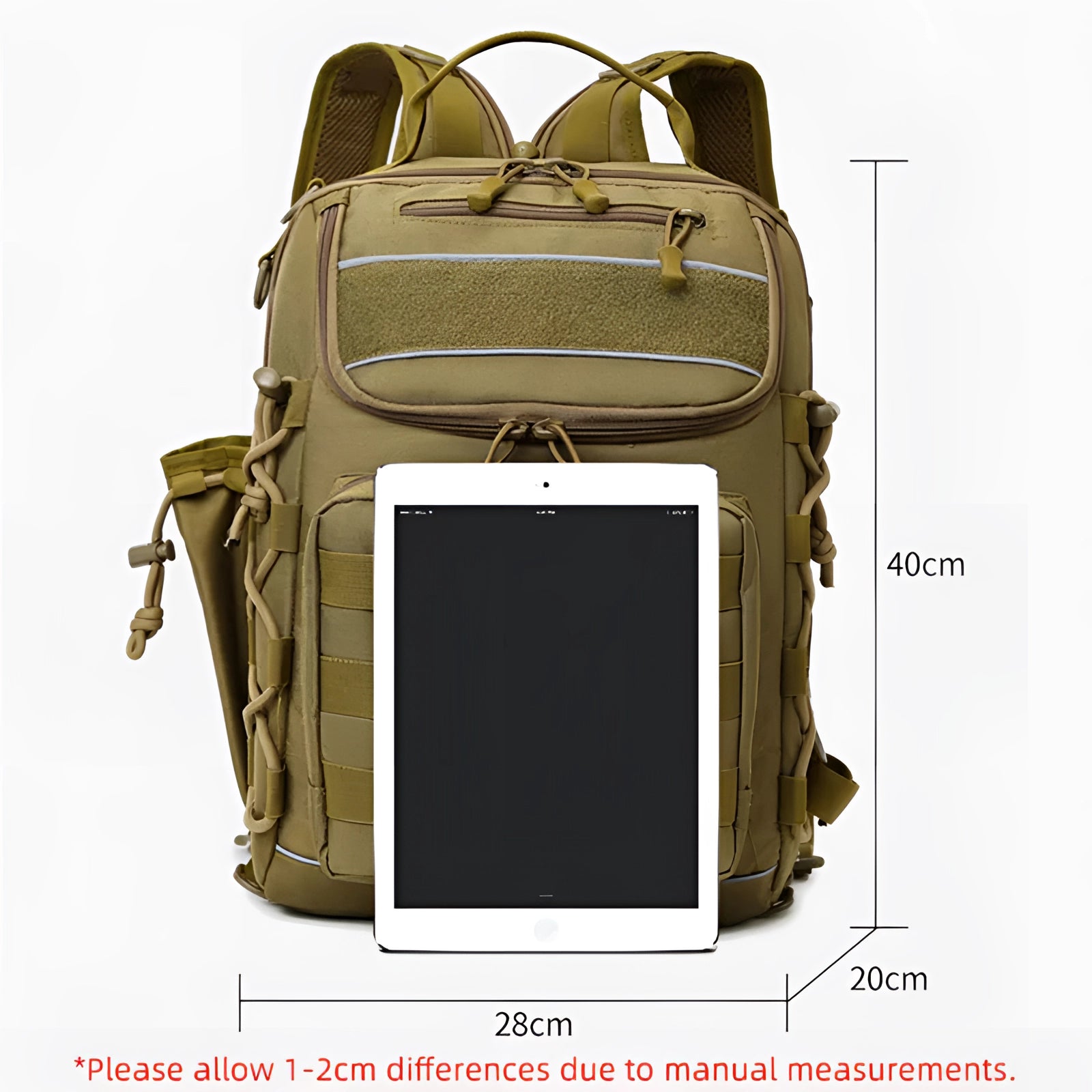 Tactical waterproof fishing backpack featuring a rod holder and an anti-theft zipper, designed in a rectangular shape with a beige color, ideal for travel and outdoor activities.