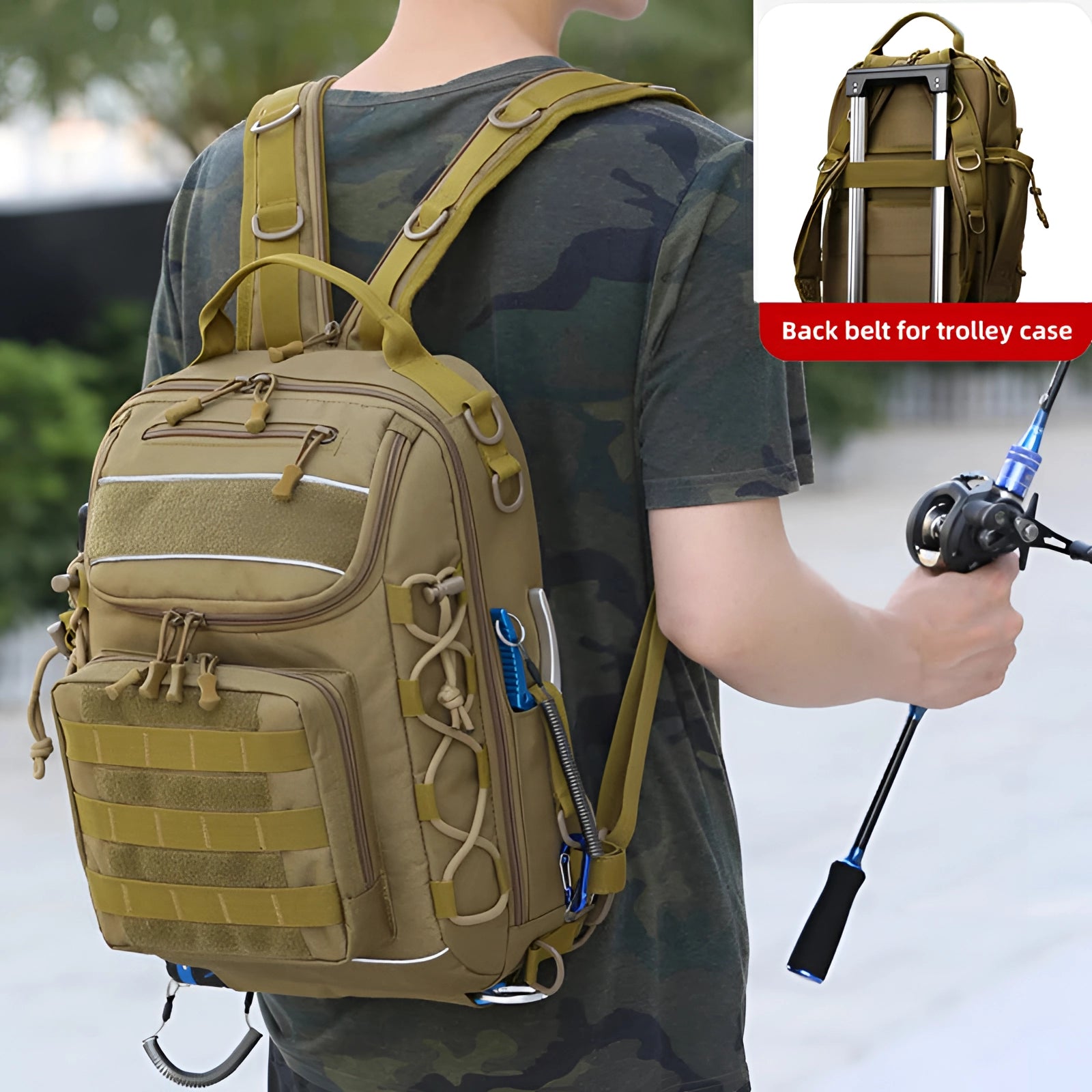 Tactical waterproof fishing backpack featuring a rod holder and anti-theft zipper, designed for travel and recreational use.