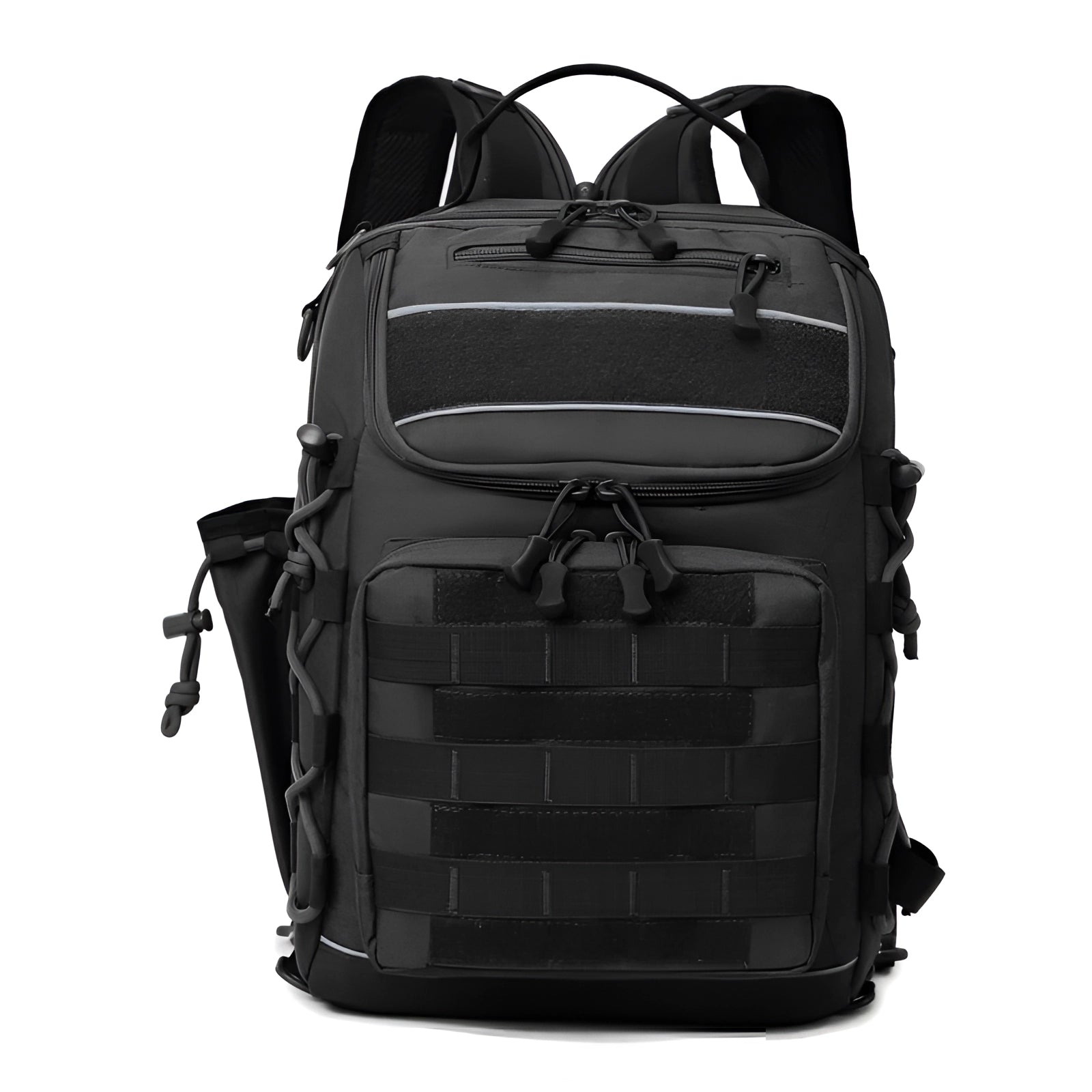 Tactical black waterproof fishing backpack featuring a rod holder and anti-theft zipper, designed with durable composite material in a rectangular shape.