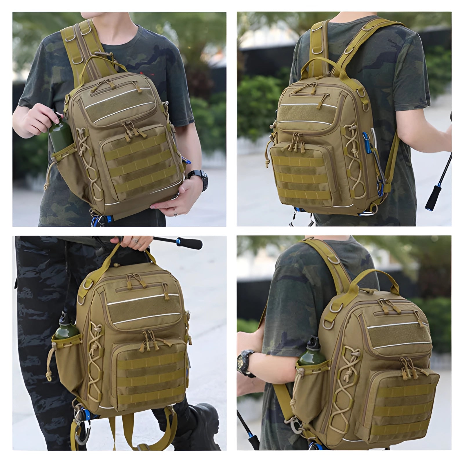 Tactical waterproof fishing backpack in brown and green with rod holder and anti-theft zipper, designed as durable outerwear and suitable for carrying fishing gear.