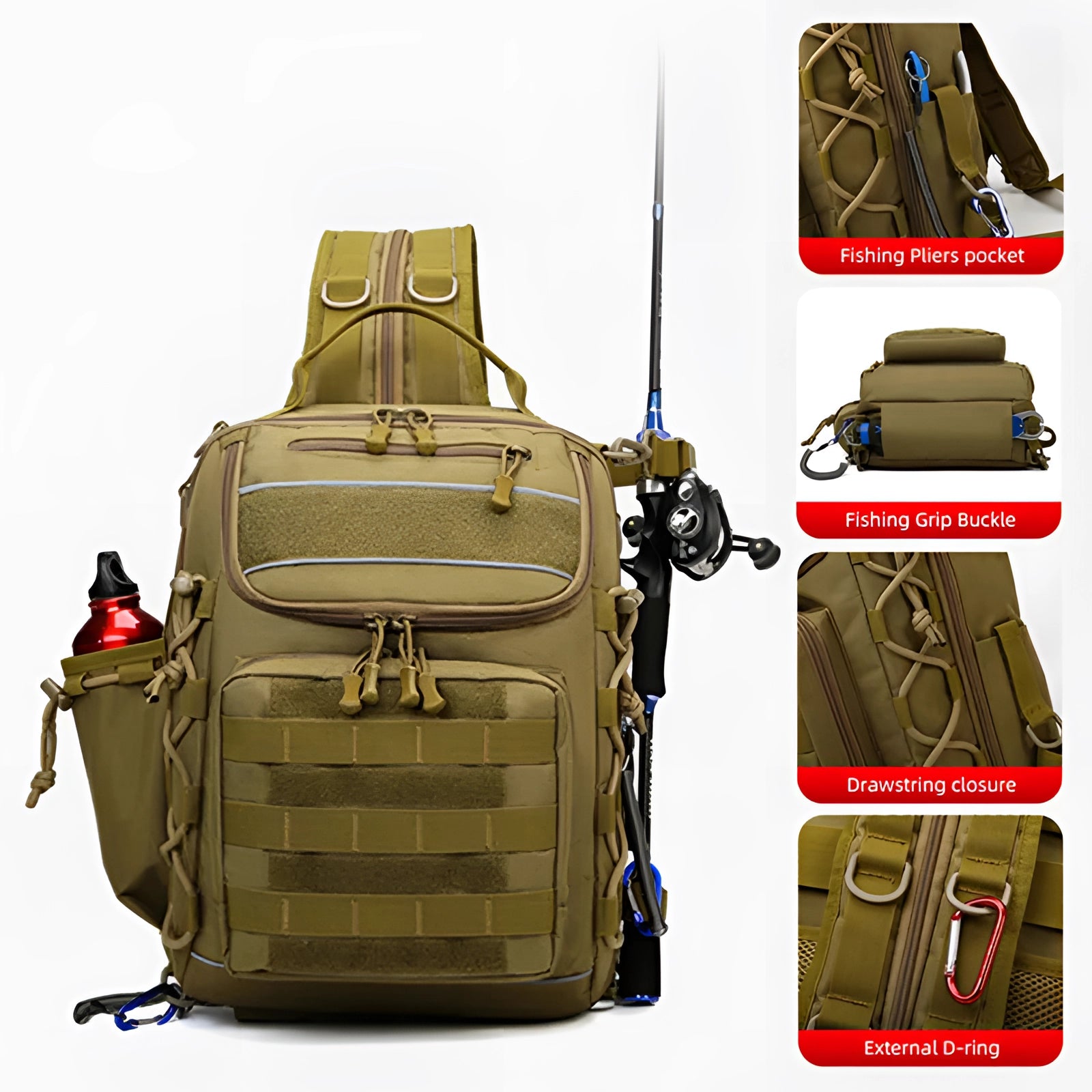 Tactical waterproof fishing backpack with rod holder, featuring multiple compartments, anti-theft zipper, and durable material suitable for travel and outdoor activities.