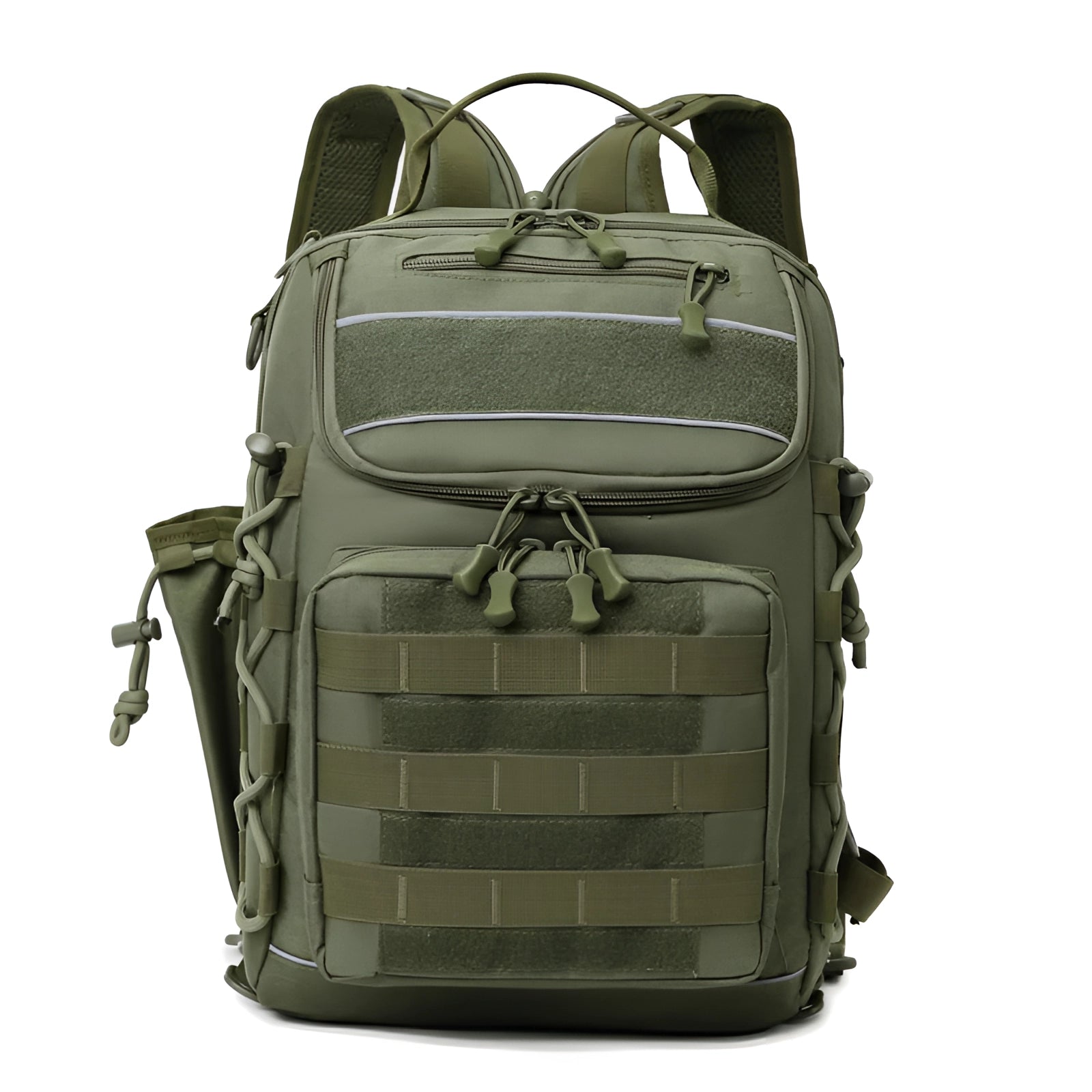 Army green tactical waterproof fishing backpack with rod holder, anti-theft zipper, rectangular shape, and multiple compartments designed for travel and outdoor activities.