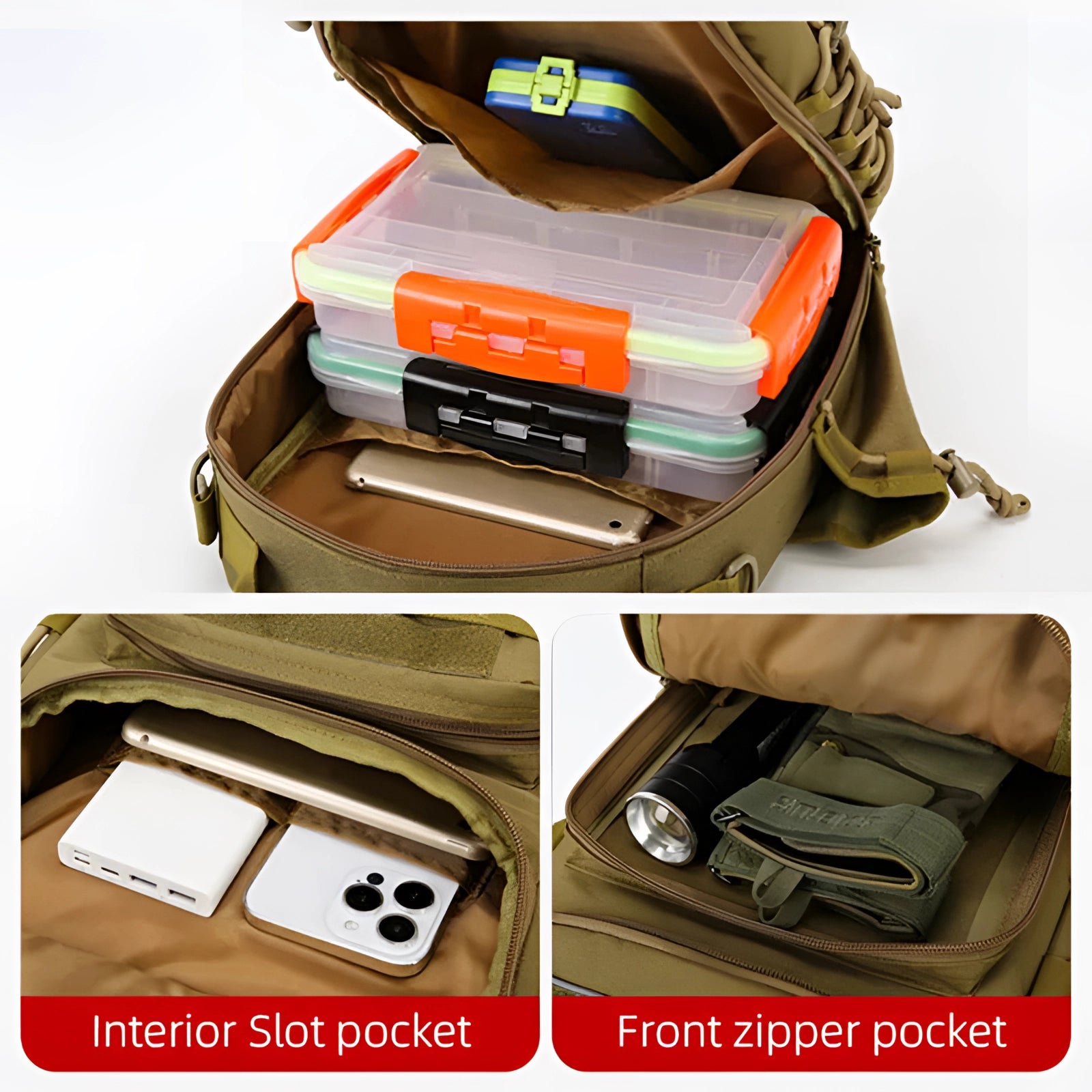 Tactical waterproof fishing backpack featuring a rod holder and anti-theft zipper, designed for secure and organized travel.