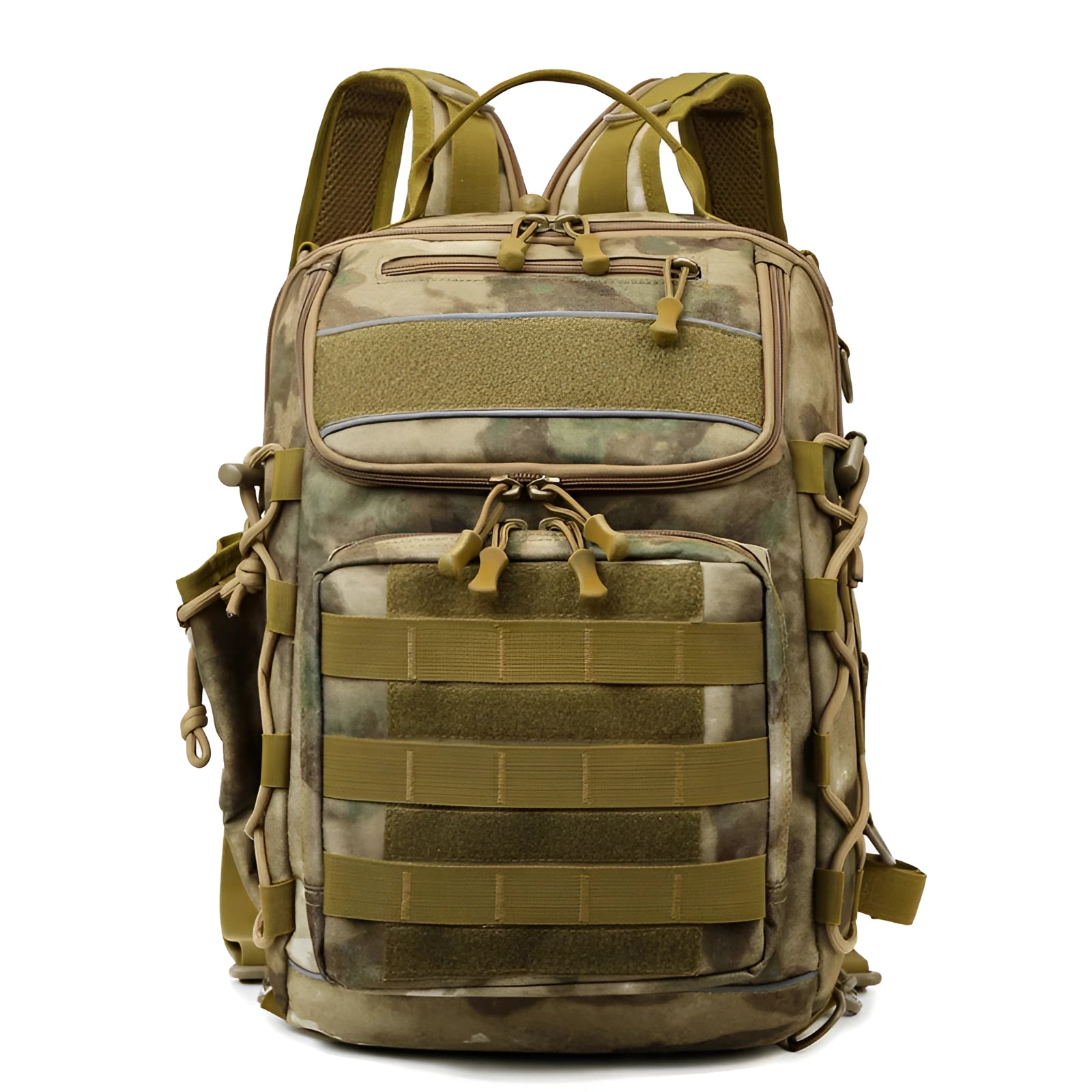 Tactical waterproof fishing backpack in brown, designed with a rod holder and anti-theft zipper, featuring a rectangular shape and adjustable shoulder straps.