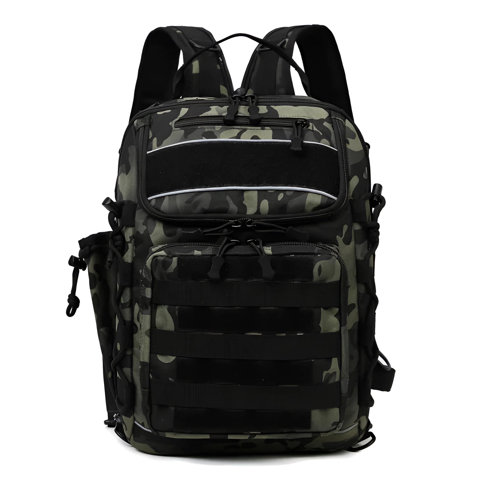 Tactical waterproof fishing backpack in Black CP color, featuring a secure anti-theft zipper, specialized rod holder, and adjustable straps with a durable pattern design.