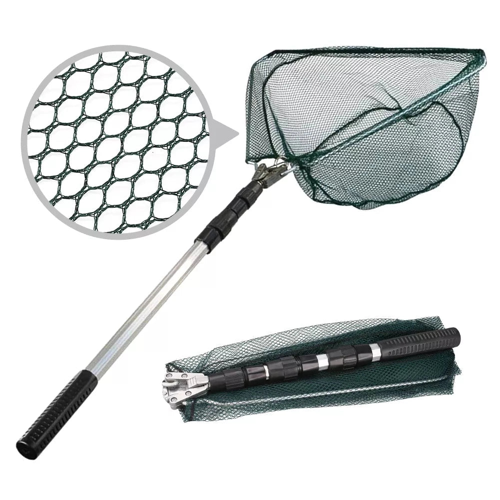 Telescopic collapsible aluminum fishing net with black handle, lightweight and portable design, showing its durable structure and metal frame.