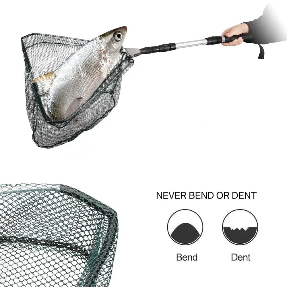 A person holding a telescopic collapsible aluminum fishing net, showcasing its lightweight, portable, and durable design.