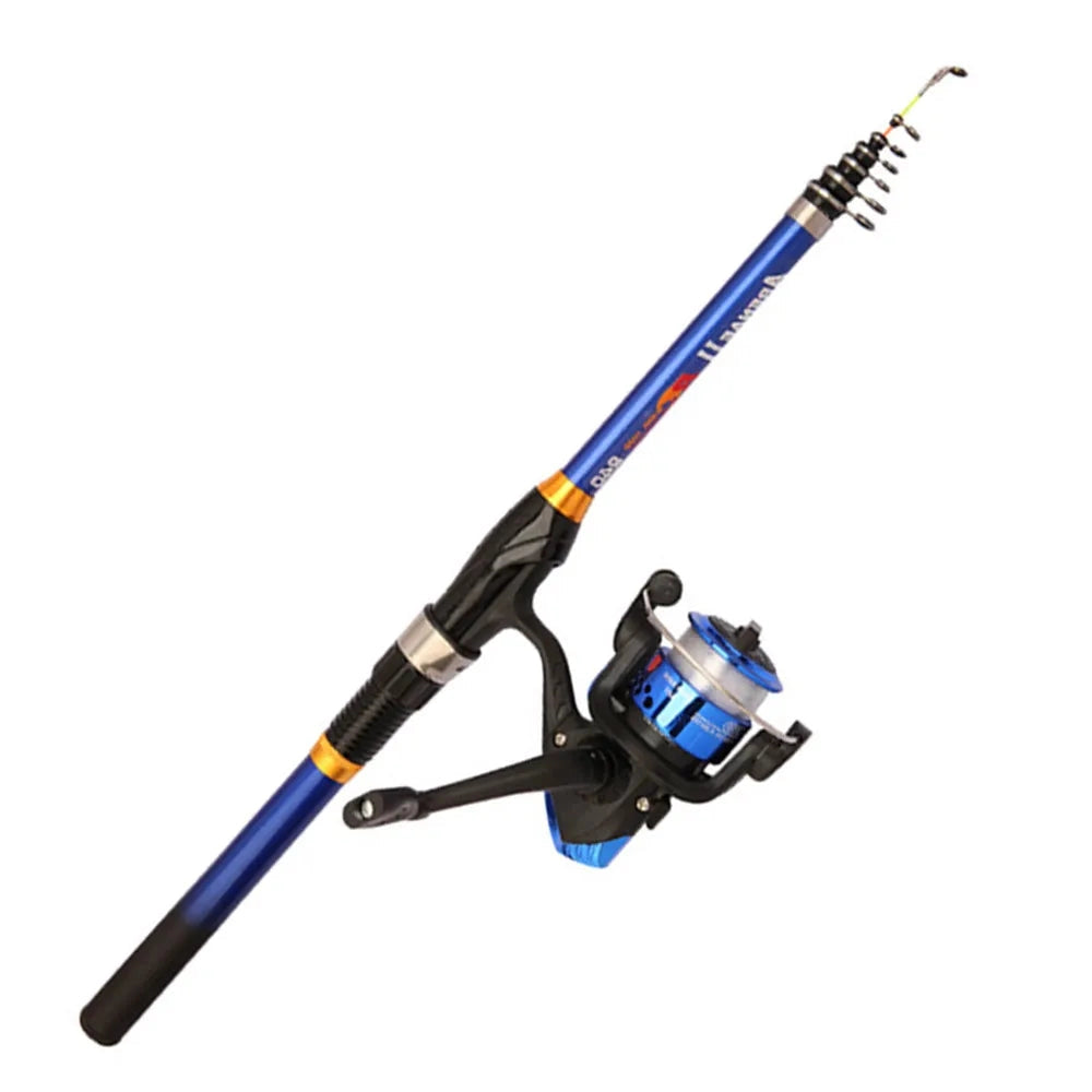 Telescopic fishing rod and reel combo in electric blue, lightweight and portable design, suitable for travel, displayed against a clean background.