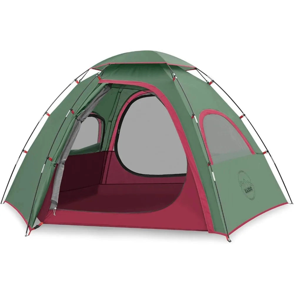 Two-Room Waterproof Family Camping Tent with Easy Setup and Dual Entrance, shown in a magenta color with a spacious interior, designed for recreational outdoor use.