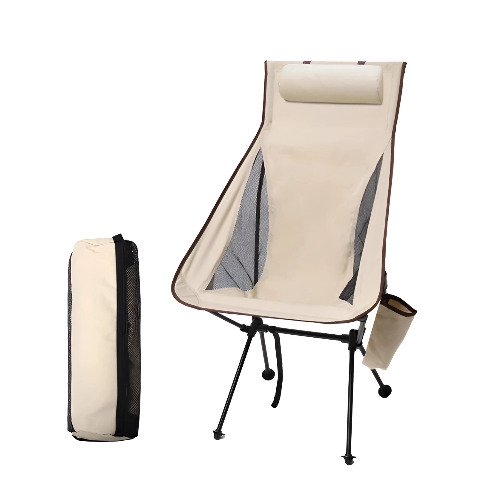 Ultralight foldable mesh camping chair with headrest, high-back and compact design, featuring metal frame and armrests, suitable for outdoor use.