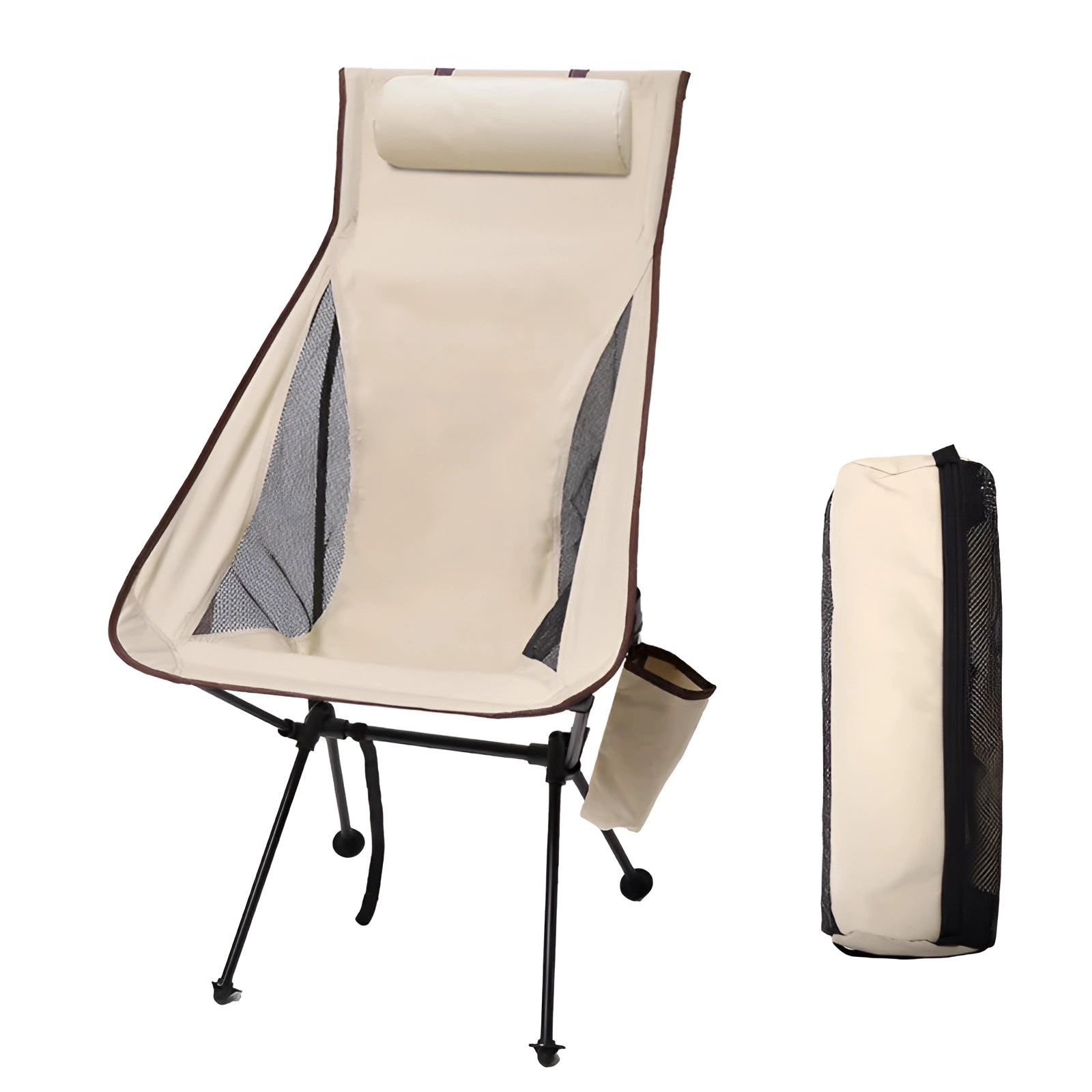 Ultralight foldable beige mesh camping chair with high-back and headrest, featuring armrests and metal frame.