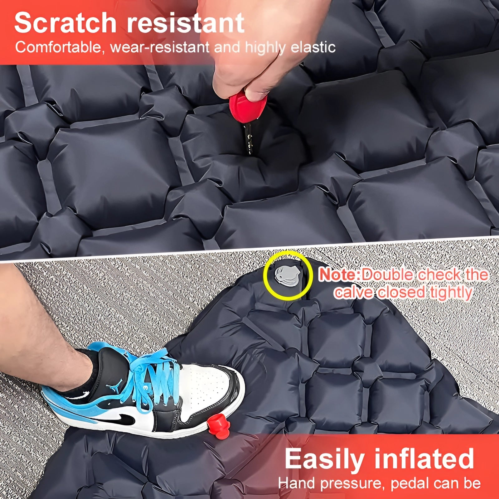 Ultralight inflatable camping mat with honeycomb cells in black, shown compact and waterproof.